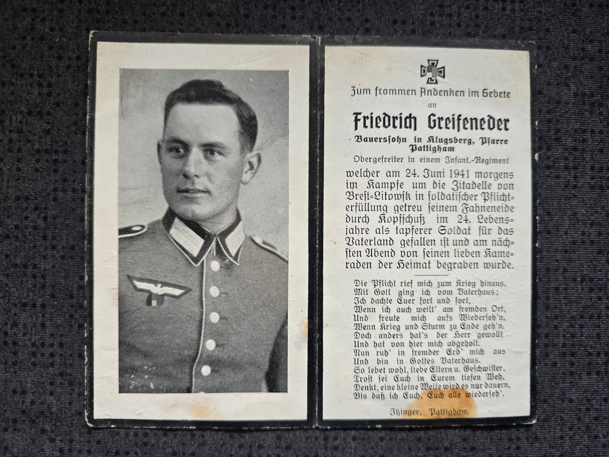 Sterbebild Obergefreiter Pattigham 7. Komp. Inf. Regt. 135 Zitadelle Brest-Litowsk Weissrussland - www.mmilitaria.com
