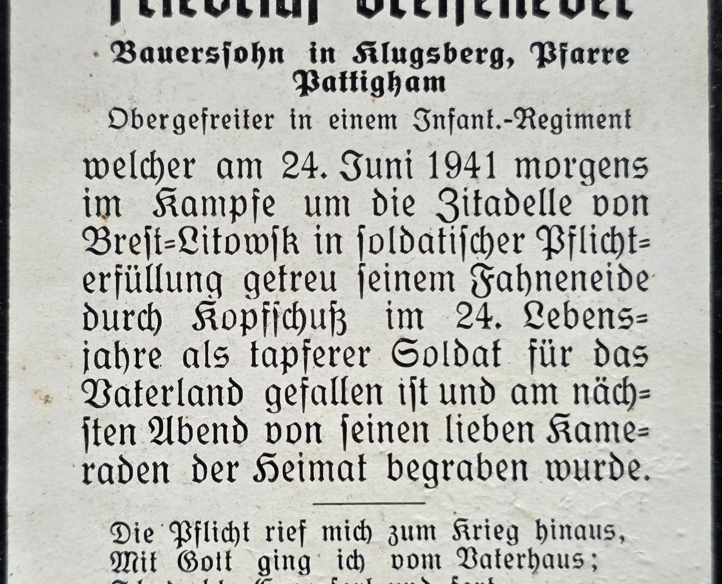 Sterbebild Obergefreiter Pattigham 7. Komp. Inf. Regt. 135 Zitadelle Brest-Litowsk Weissrussland - www.mmilitaria.com