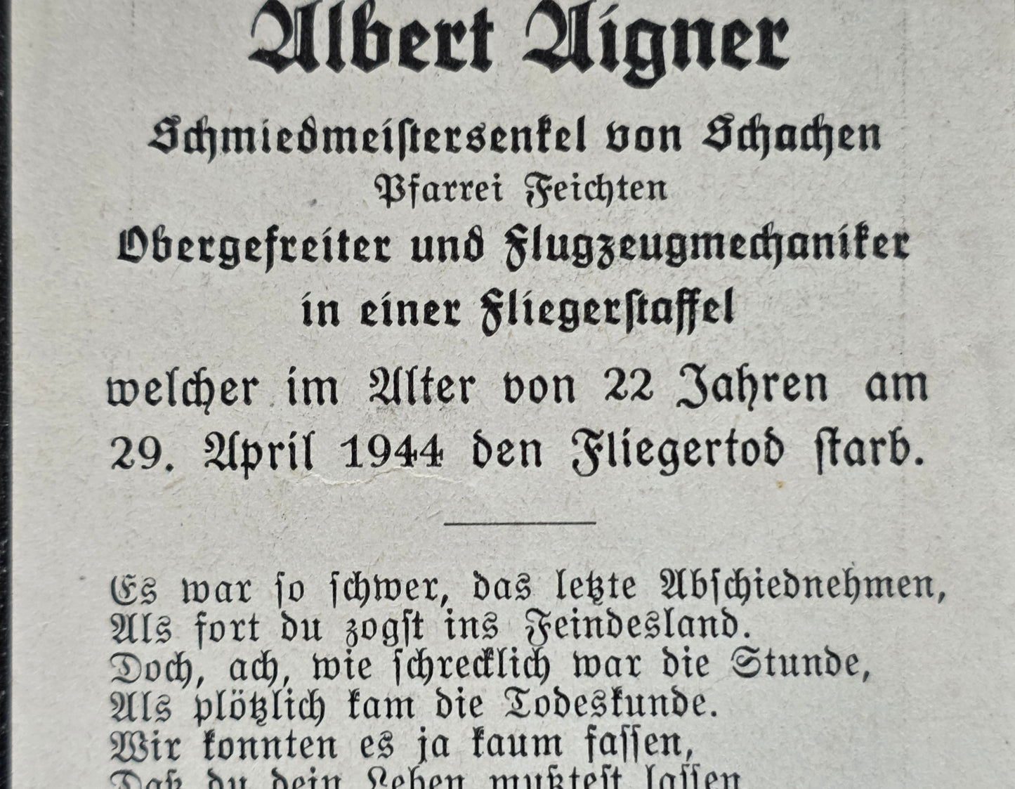 Sterbebild Obergefreiter Schachen Flugzeugmechaniker 6./KG-40 Fliegerstaffel Lobenstein - www.mmilitaria.com