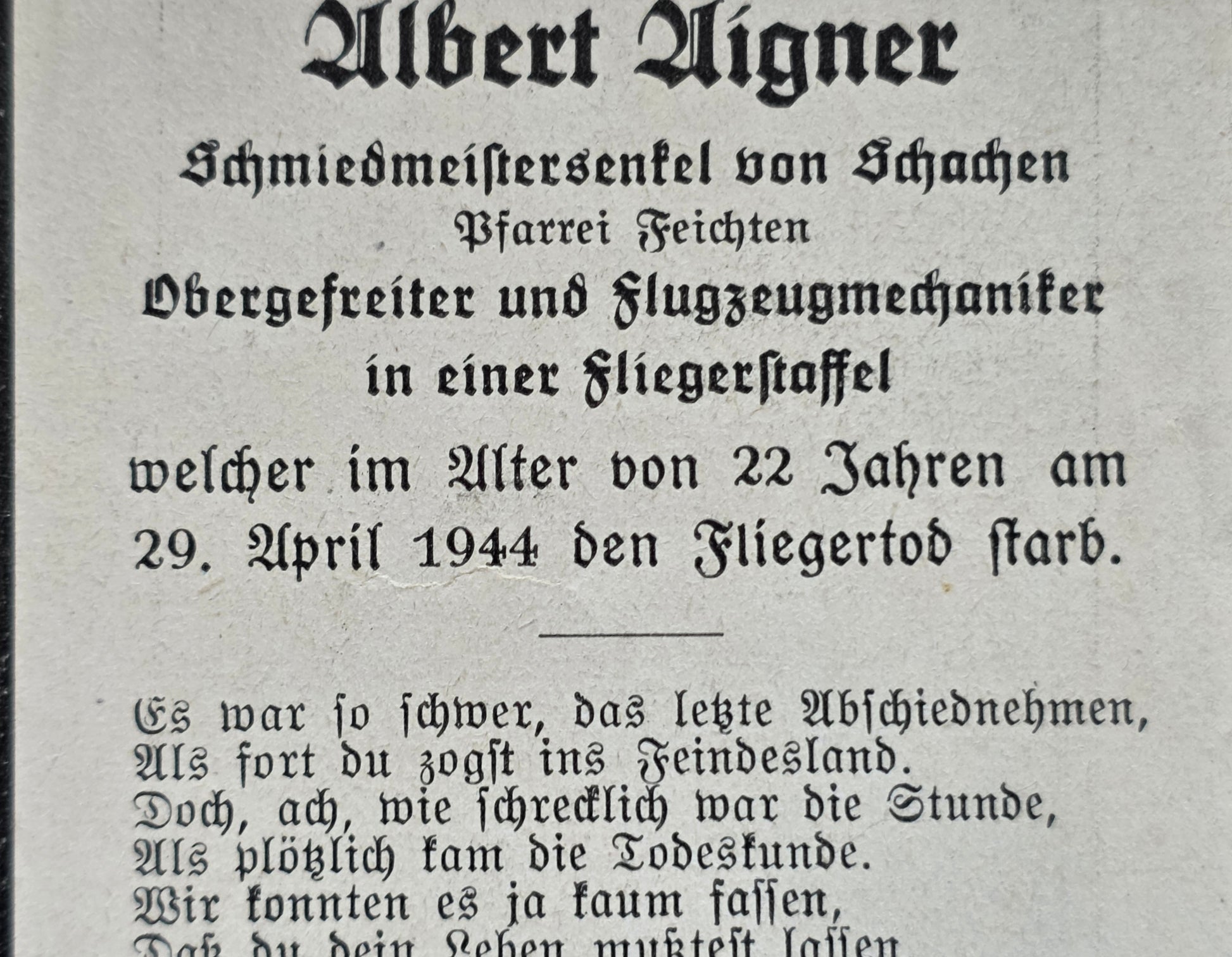 Sterbebild Obergefreiter Schachen Flugzeugmechaniker 6./KG-40 Fliegerstaffel Lobenstein - www.mmilitaria.com