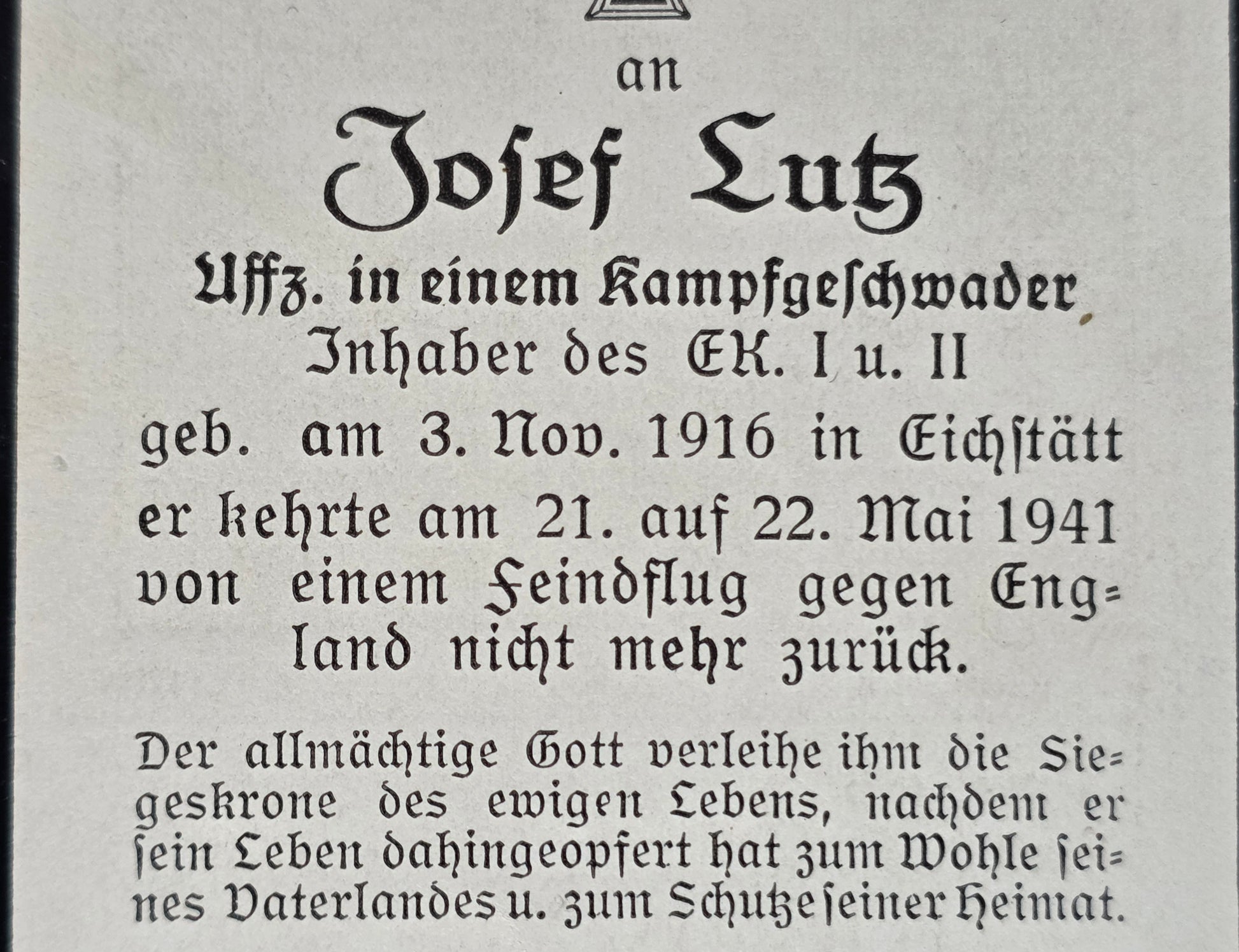 Sterbebild Unteroffizier Eichstätt Pilot 4./KG-40 Feindflug England Fossvogur Reykjavík Island - www.mmilitaria.com