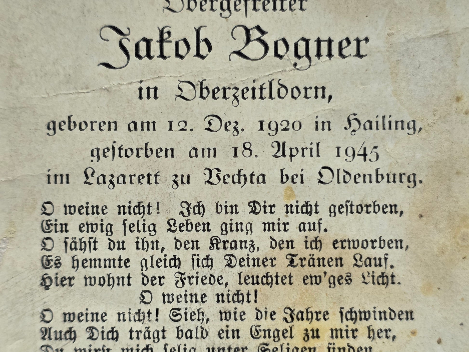 Sterbebild Obergefreiter Oberzeitldorn Endkampf Münsterland Vechta Oldenburg - www.mmilitaria.com