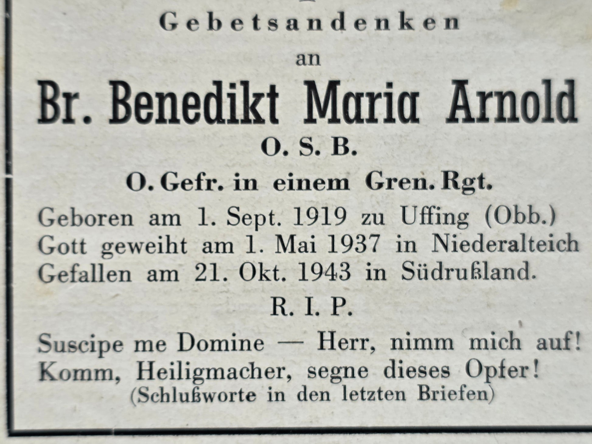 Sterbebild Obergefreiter Uffing Gren. Regt. Priester Russland Feldpost Rückseite - www.mmilitaria.com