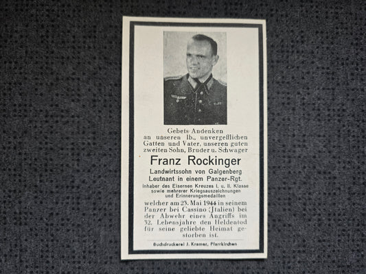 Sterbebild Leutnant Galgenberg Panzer Regt. Erinnerungsmed. Cassino Pomezia Italien - www.mmilitaria.com