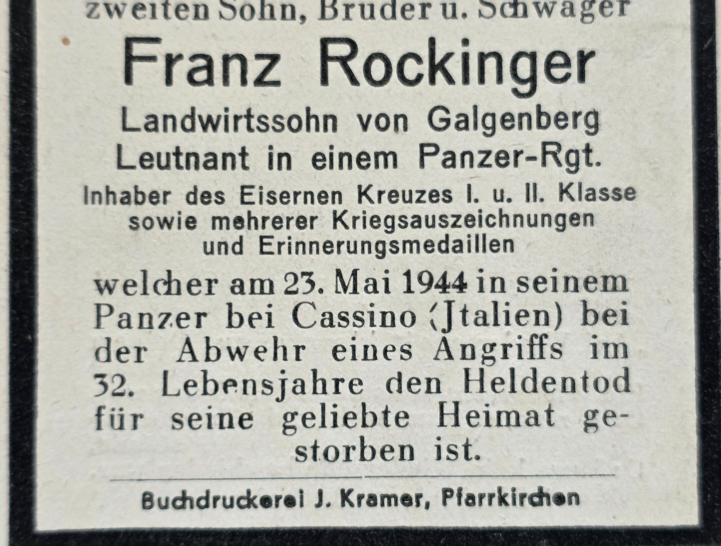 Sterbebild Leutnant Galgenberg Panzer Regt. Erinnerungsmed. Cassino Pomezia Italien - www.mmilitaria.com