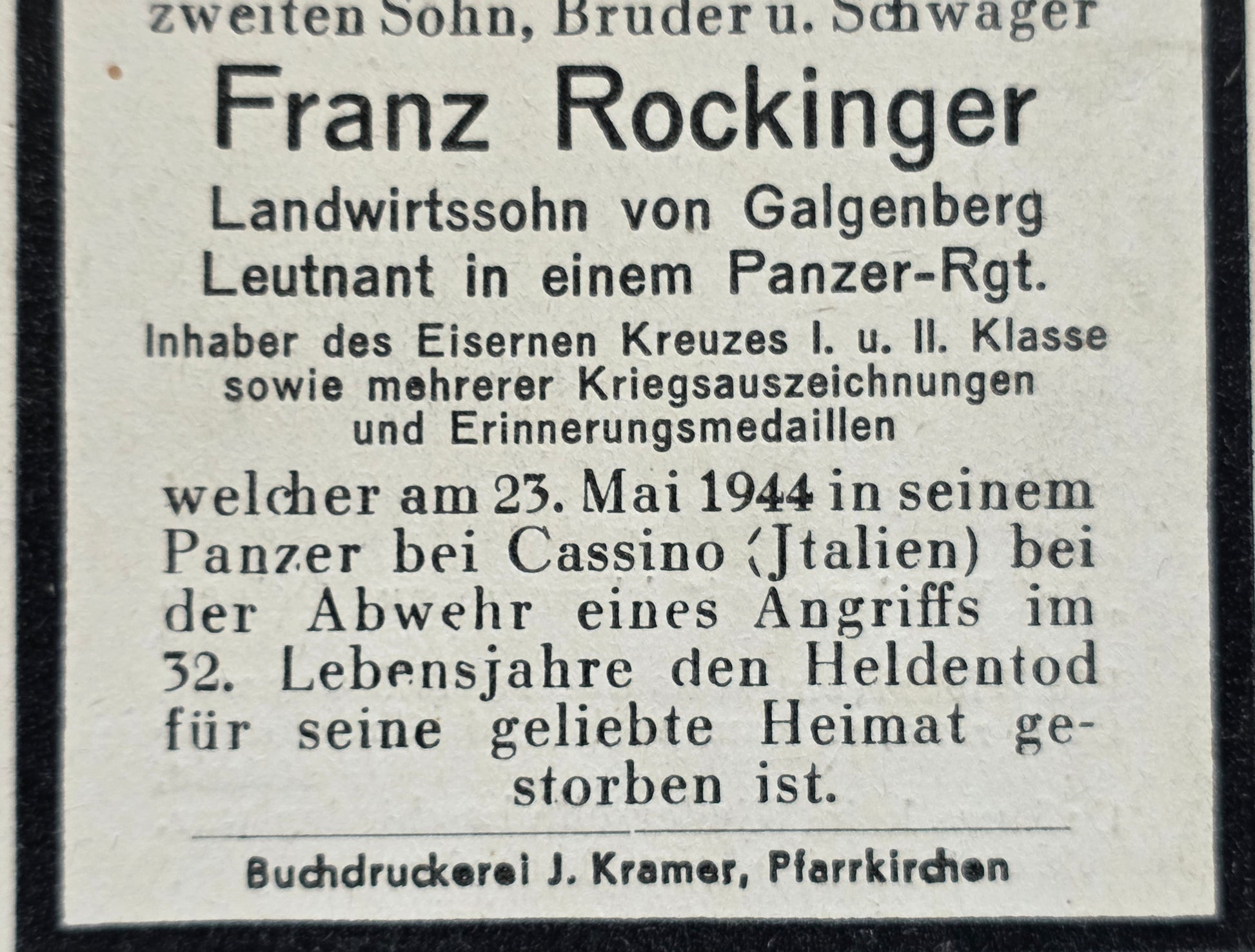 Sterbebild Leutnant Galgenberg Panzer Regt. Erinnerungsmed. Cassino Pomezia Italien - www.mmilitaria.com