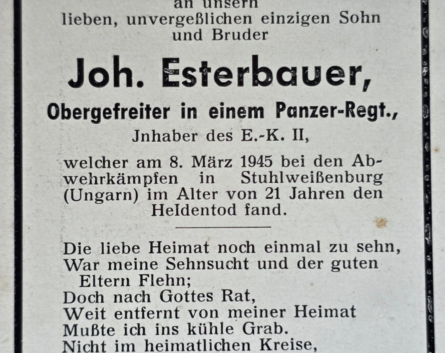 Sterbebild Obergefreiter Hochburg Panzer Regt. Echtfoto Stuhlweißenburg Szekesfehervar Ungarn - www.mmilitaria.com