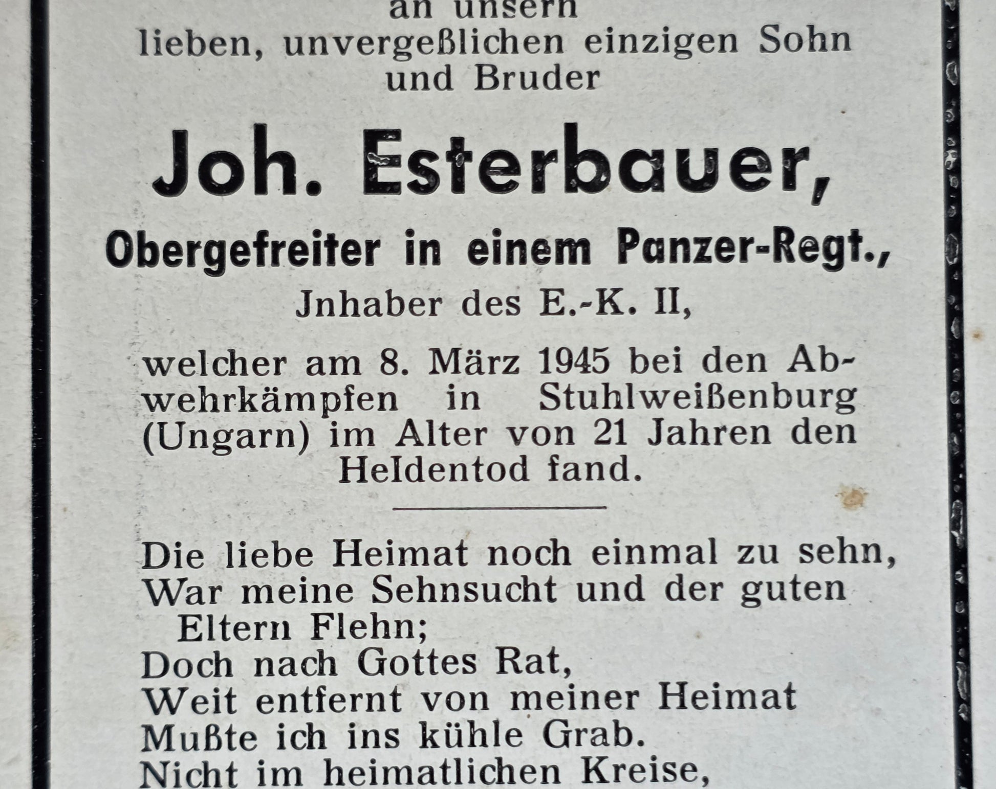 Sterbebild Obergefreiter Hochburg Panzer Regt. Echtfoto Stuhlweißenburg Szekesfehervar Ungarn - www.mmilitaria.com