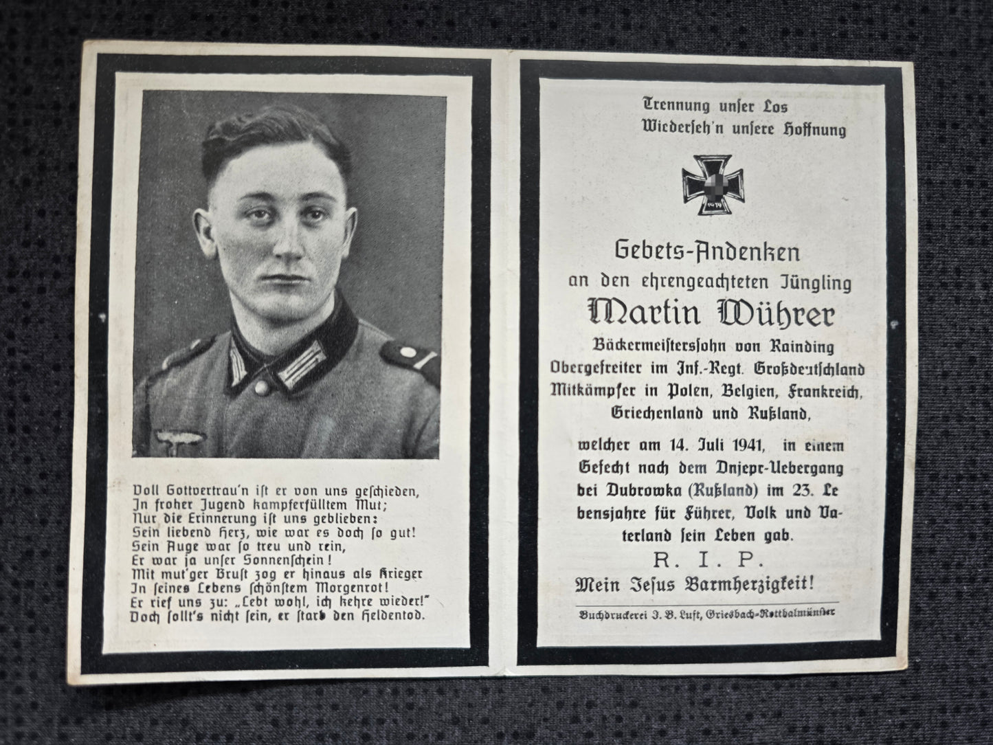 Sterbebild Obergefreiter Rainding Inf. Regt. "Großdeutschland" GD Dubrowka Russland - www.mmilitaria.com
