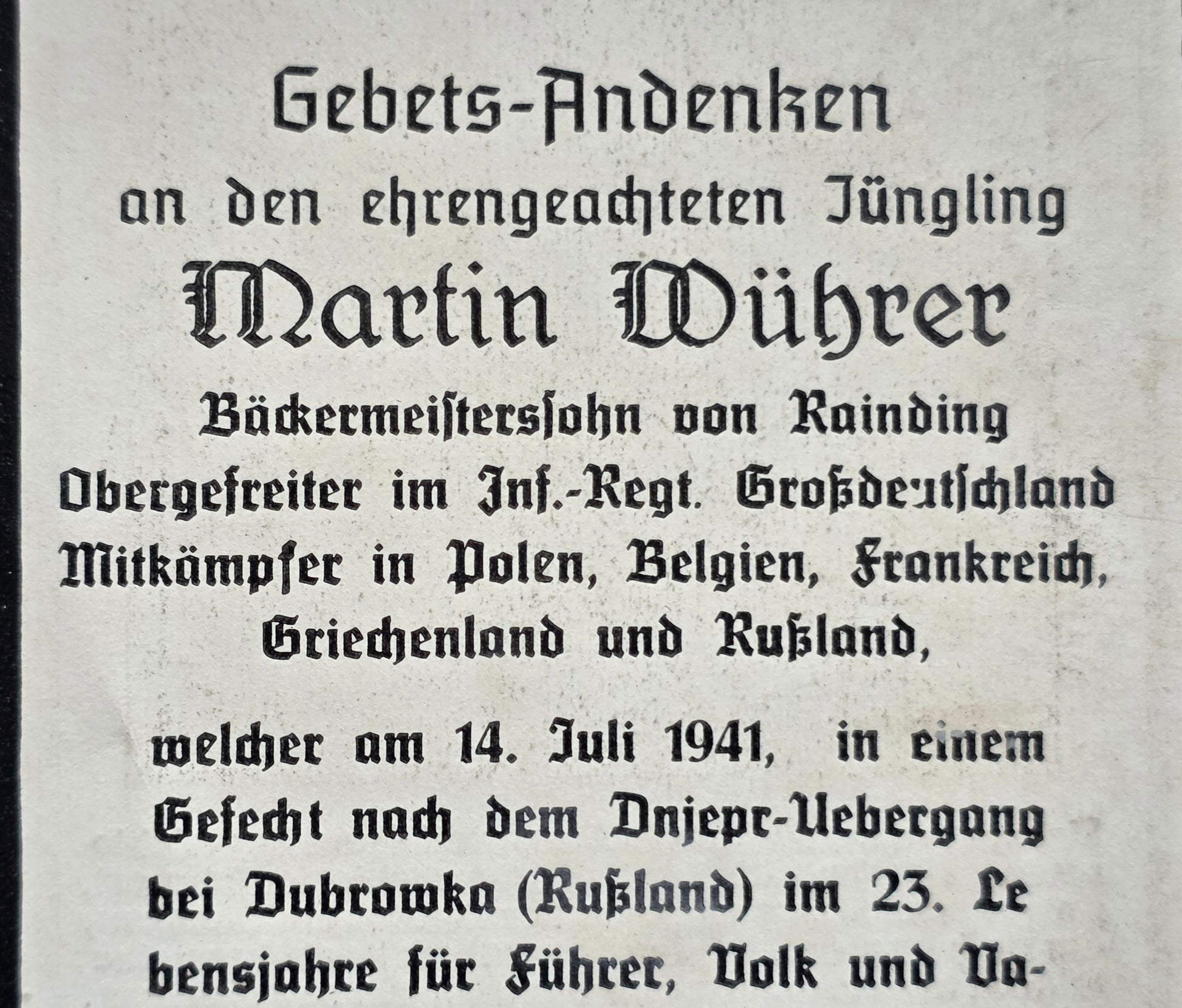 Sterbebild Obergefreiter Rainding Inf. Regt. "Großdeutschland" GD Dubrowka Russland - www.mmilitaria.com