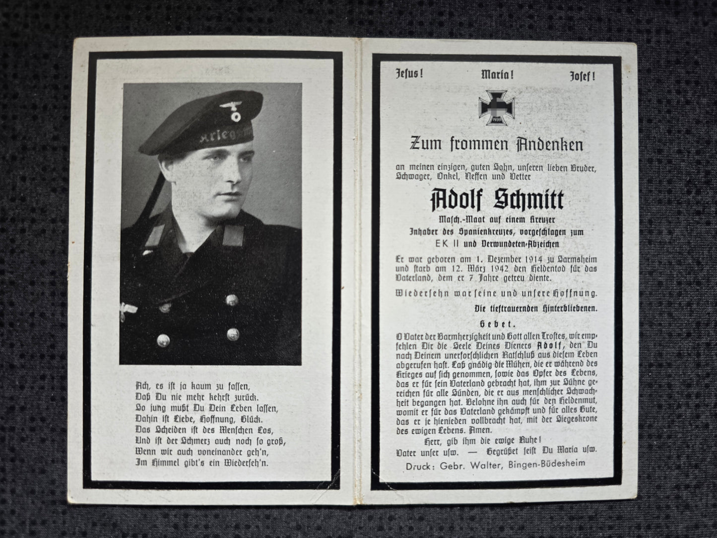 Sterbebild Maschinenmaat Sarmsheim KM "Kreuzer Nürnberg" Spanienkreuz Marine-Lazarett Kiel - www.mmilitaria.com