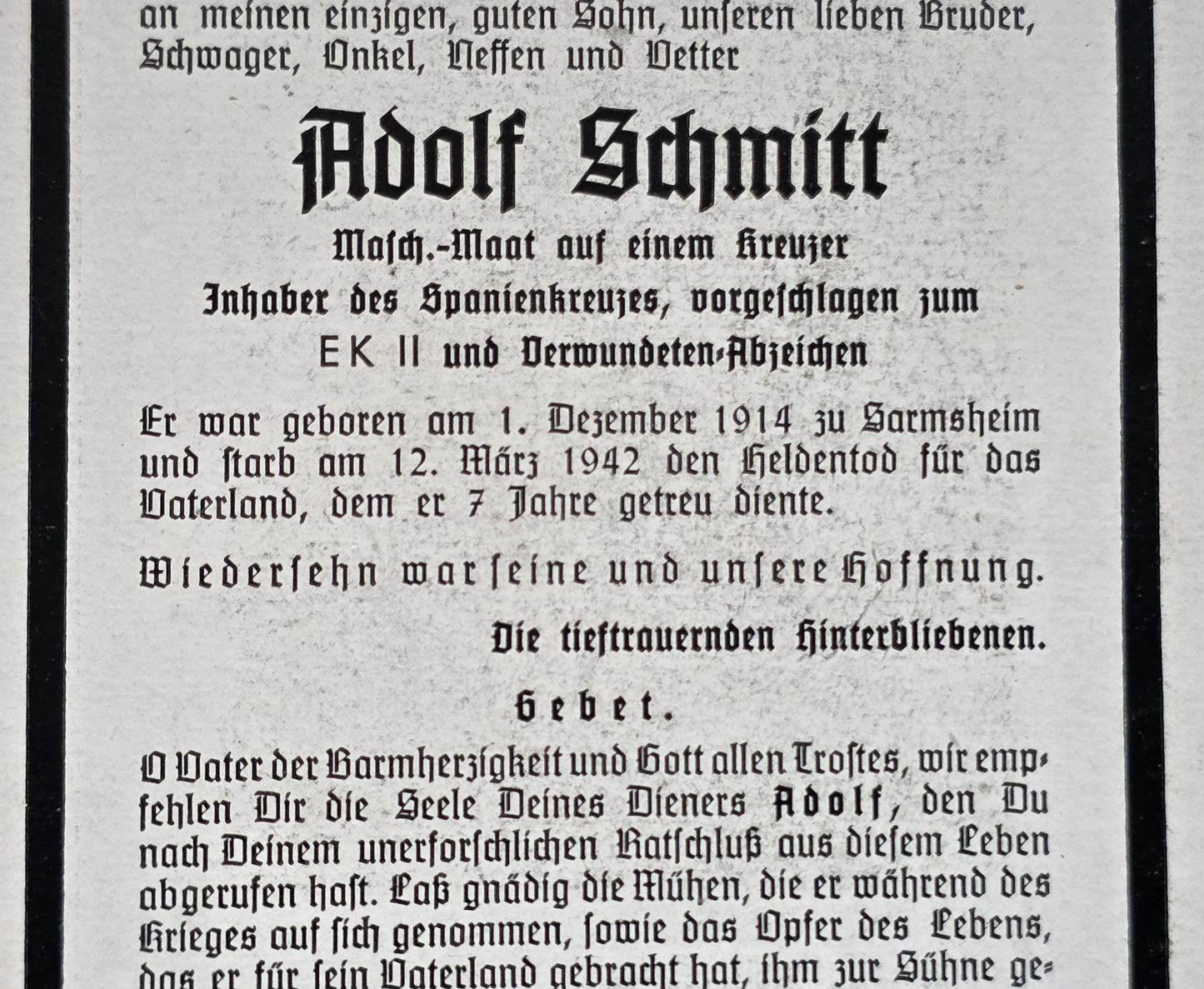 Sterbebild Maschinenmaat Sarmsheim KM "Kreuzer Nürnberg" Spanienkreuz Marine-Lazarett Kiel - www.mmilitaria.com