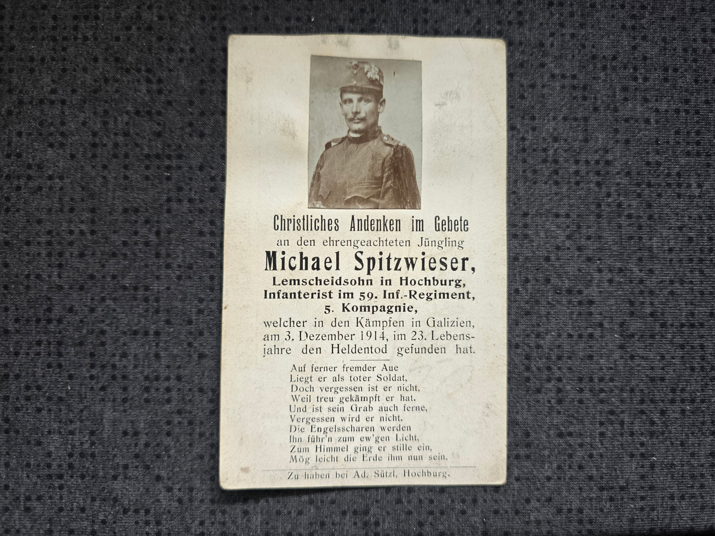 Sterbebild Infanterist Hochburg 3. Komp. Inf. Regt. 59 Echtfoto Galizien - www.mmilitaria.com