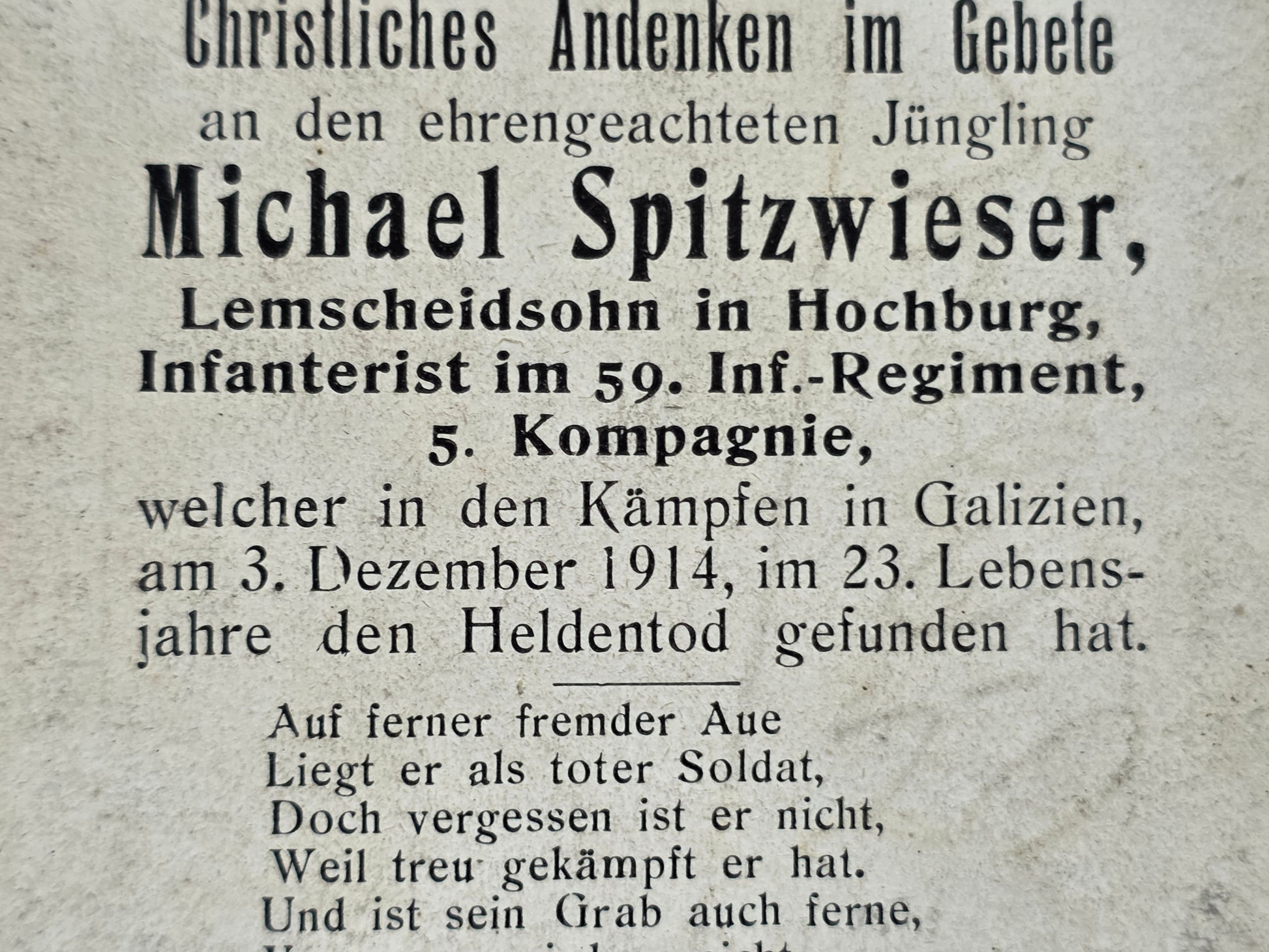Sterbebild Infanterist Hochburg 3. Komp. Inf. Regt. 59 Echtfoto Galizien - www.mmilitaria.com