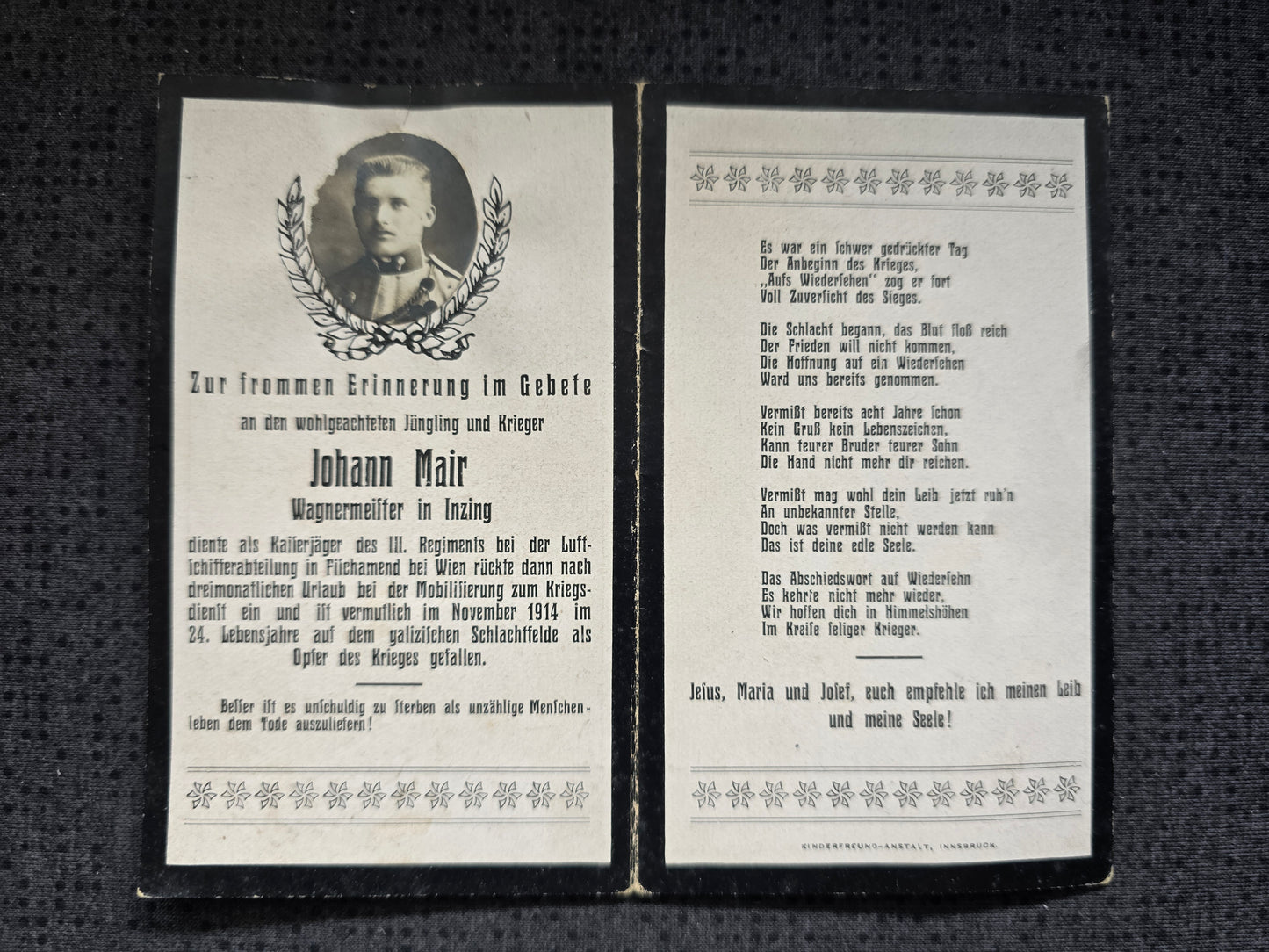 Sterbebild Kaiserjäger Inzing III. Regt. Luftschifferabteilung Echtfoto Galizien - www.mmilitaria.com