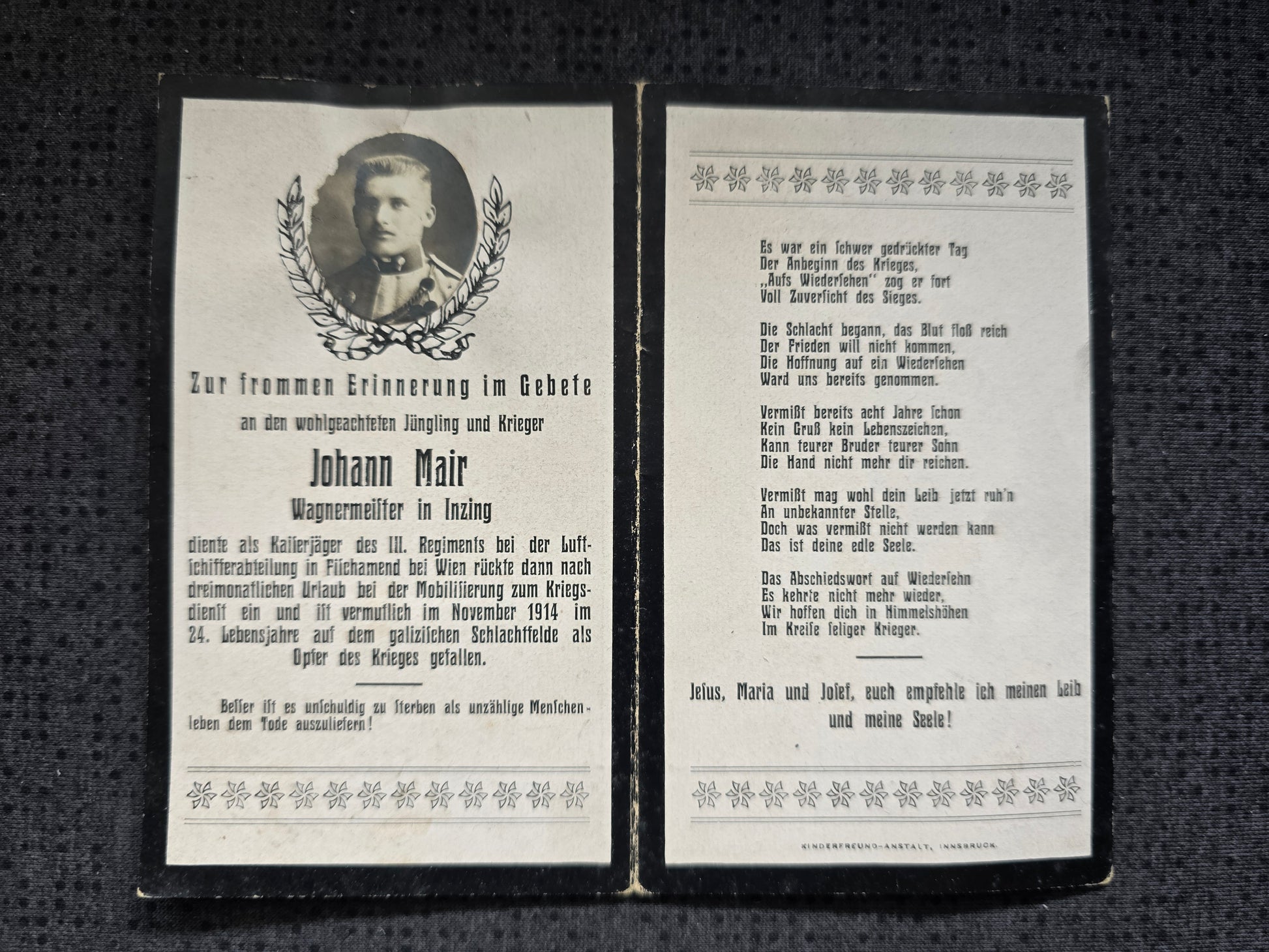 Sterbebild Kaiserjäger Inzing III. Regt. Luftschifferabteilung Echtfoto Galizien - www.mmilitaria.com