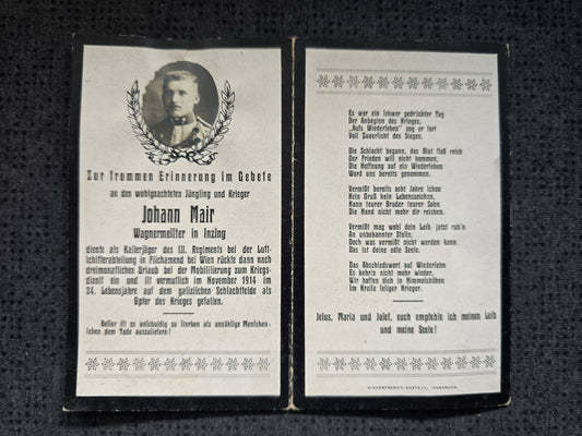 Sterbebild Kaiserjäger Inzing III. Regt. Luftschifferabteilung Echtfoto Galizien - www.mmilitaria.com