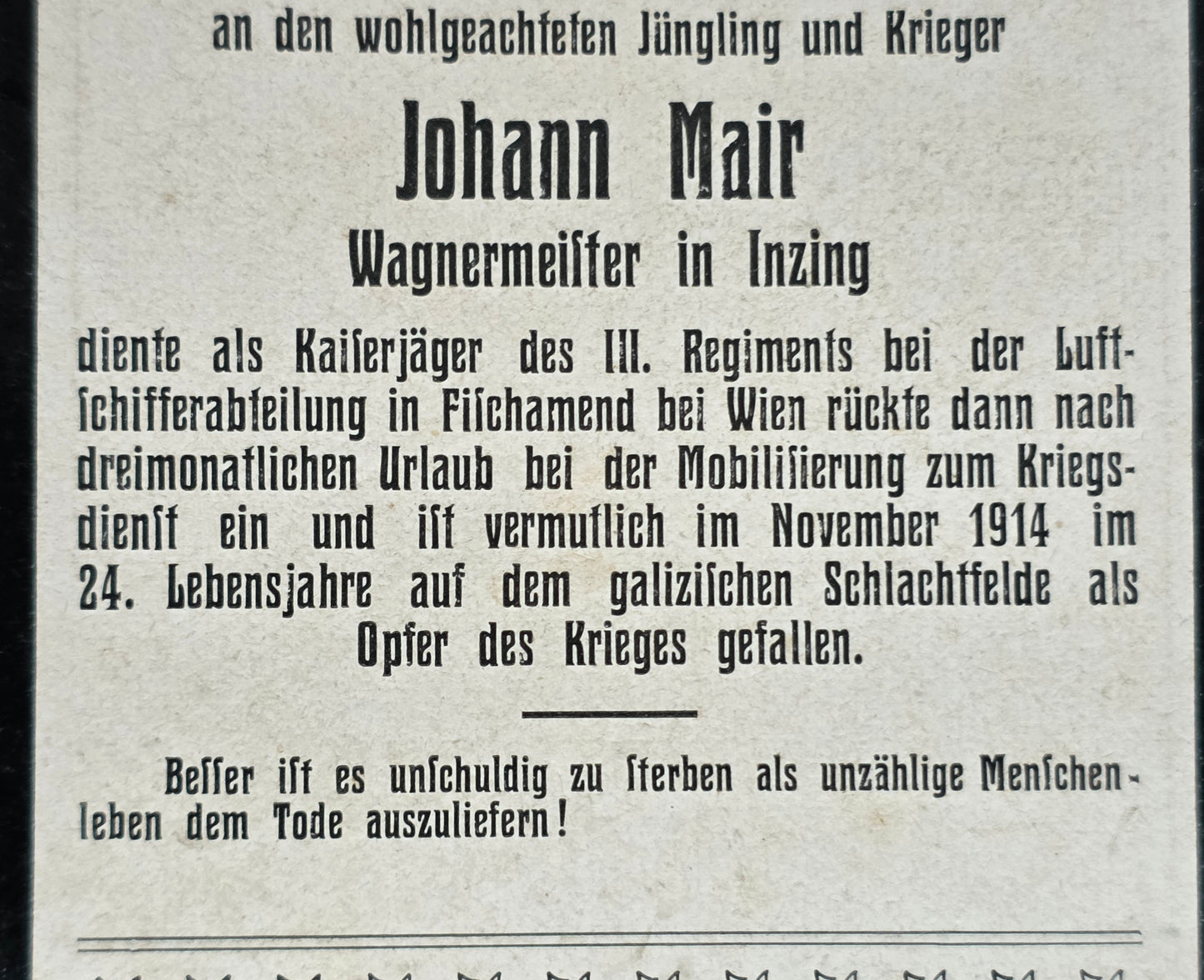 Sterbebild Kaiserjäger Inzing III. Regt. Luftschifferabteilung Echtfoto Galizien - www.mmilitaria.com