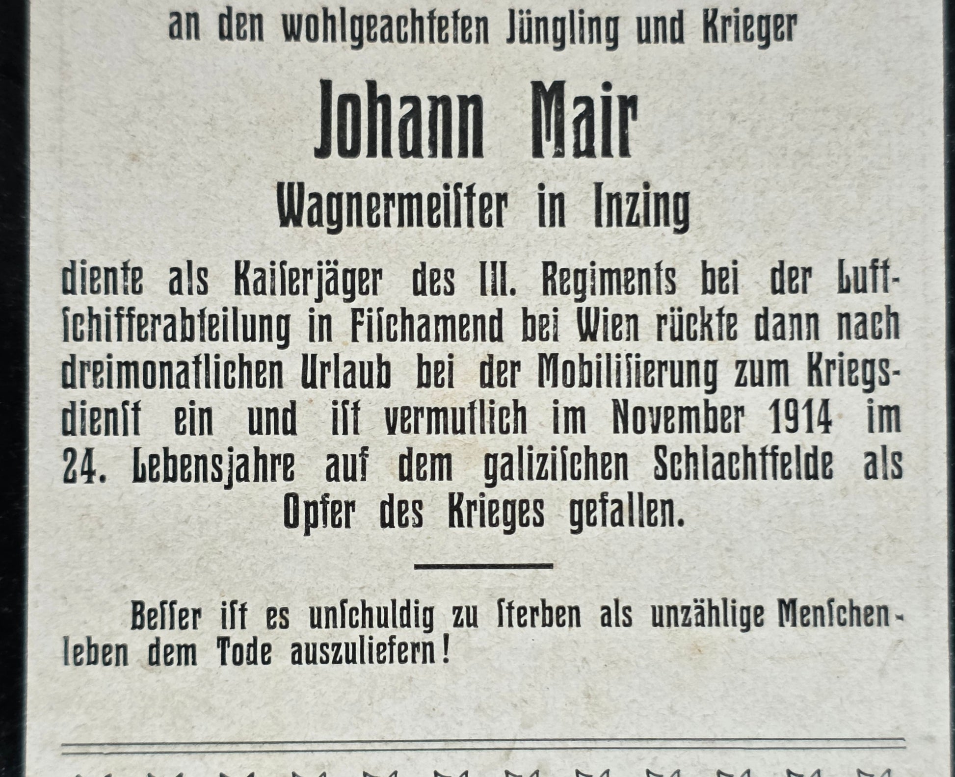 Sterbebild Kaiserjäger Inzing III. Regt. Luftschifferabteilung Echtfoto Galizien - www.mmilitaria.com