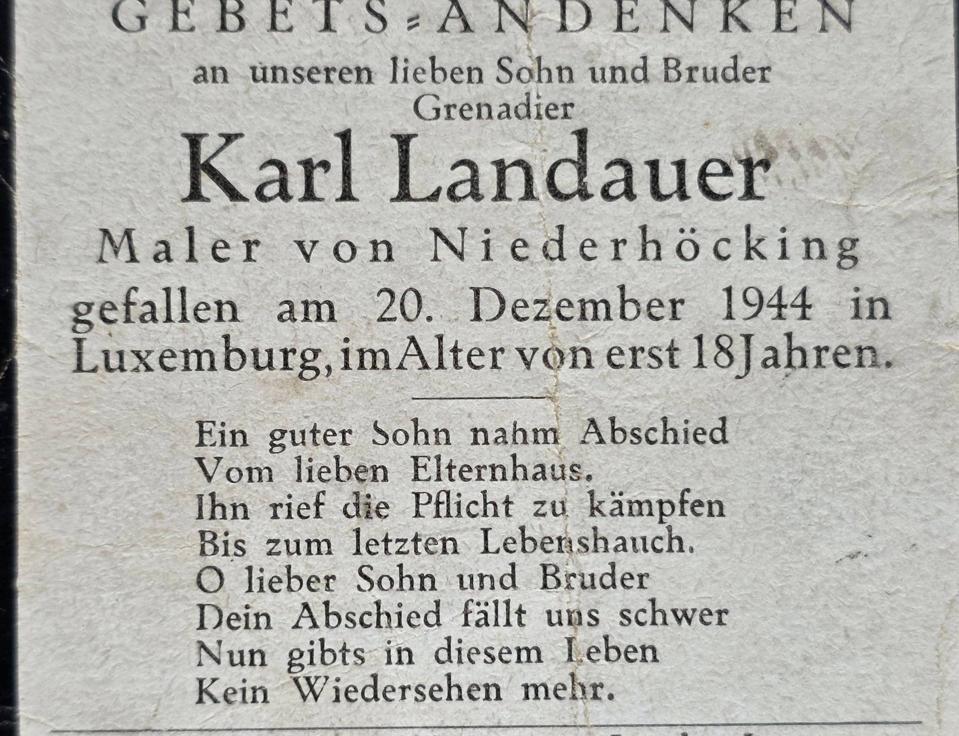 Sterbebild Grenadier Niederhöcking Grenadier Regt. 18 Jahre Sandweiler Luxemburg - www.mmilitaria.com