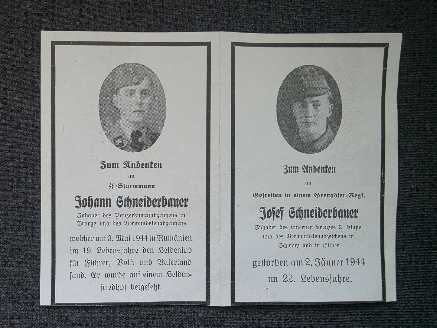 Sterbebild Brüder Andorf SS-Sturmmann PKA Cocowa Rumänien Gefreiter Wels Österreich - www.mmilitaria.com