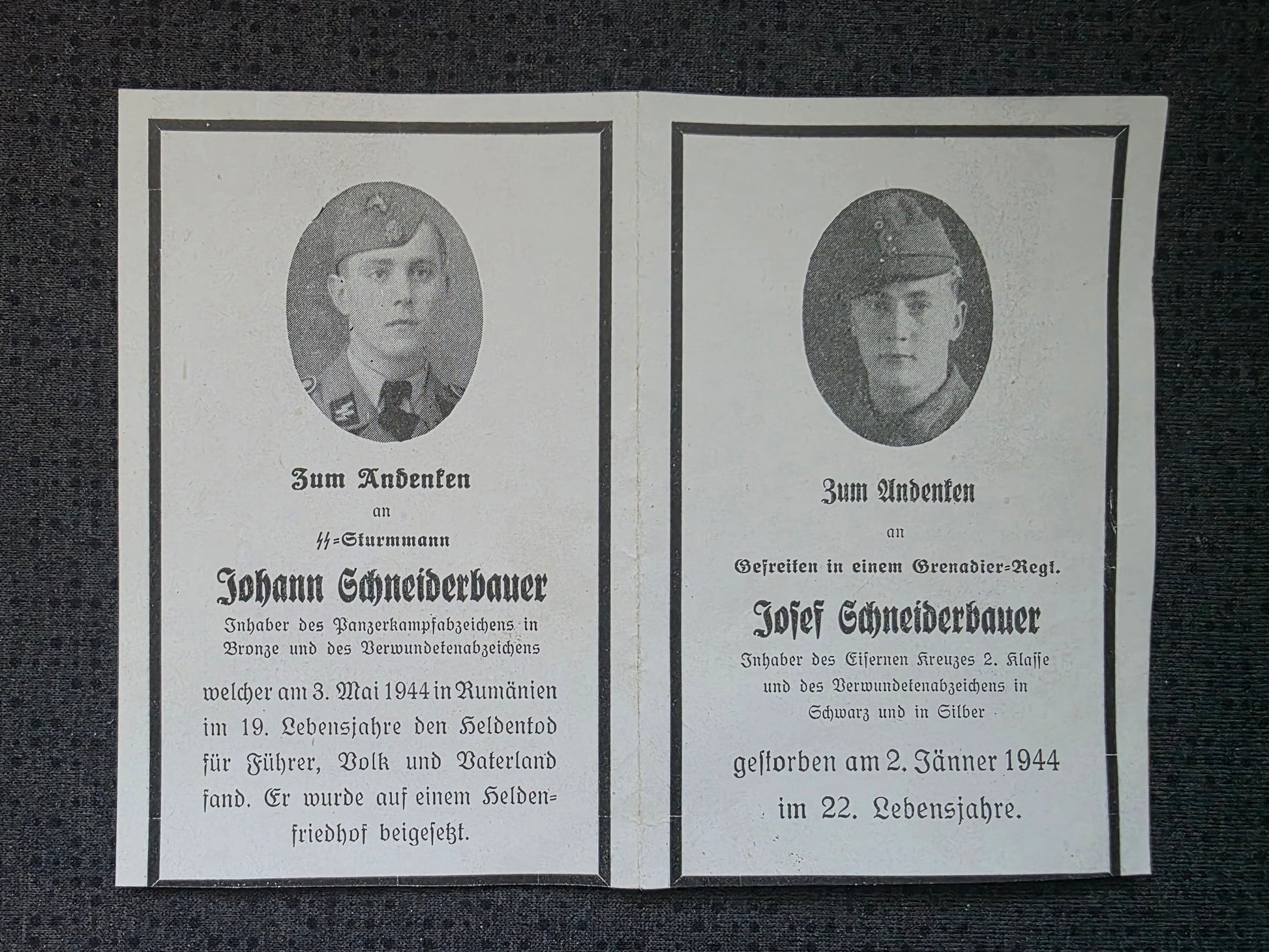 Sterbebild Brüder Andorf SS-Sturmmann PKA Cocowa Rumänien Gefreiter Wels Österreich - www.mmilitaria.com