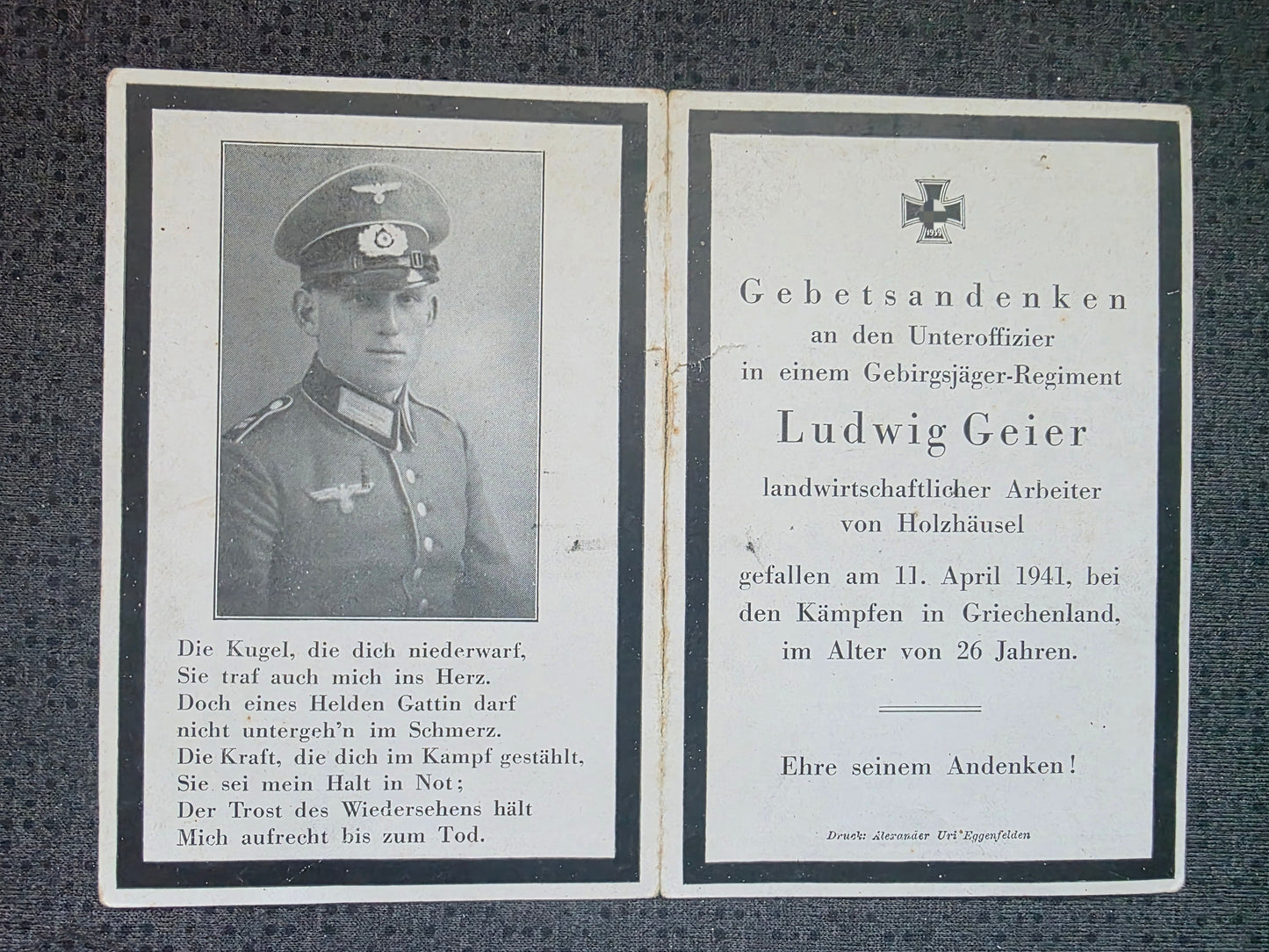 Sterbebild Unteroffizier Holzhäusl 13. Komp. Geb.-Jäger Regt. 85 Istibei Metaxas-Linie Griechenland - www.mmilitaria.com