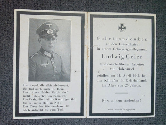 Sterbebild Unteroffizier Holzhäusl 13. Komp. Geb.-Jäger Regt. 85 Istibei Metaxas-Linie Griechenland - www.mmilitaria.com