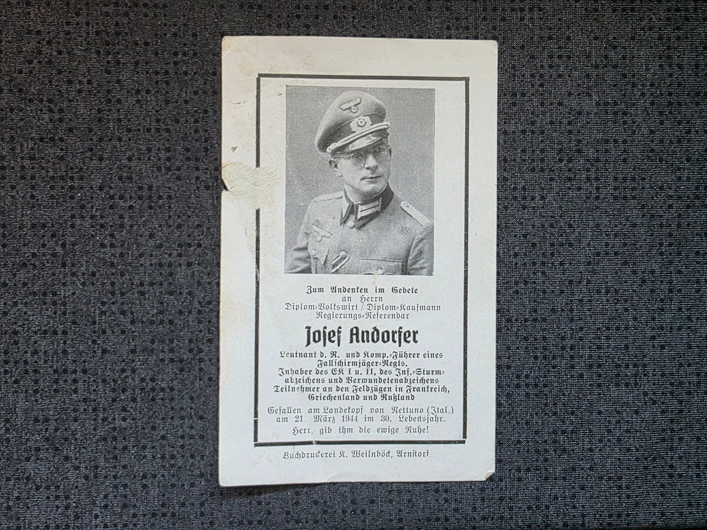 Sterbebild Leutnant Sonnen KP-Chef 4. Fallschirmjäger Division Landekopf Nettuno Italien - www.mmilitaria.com