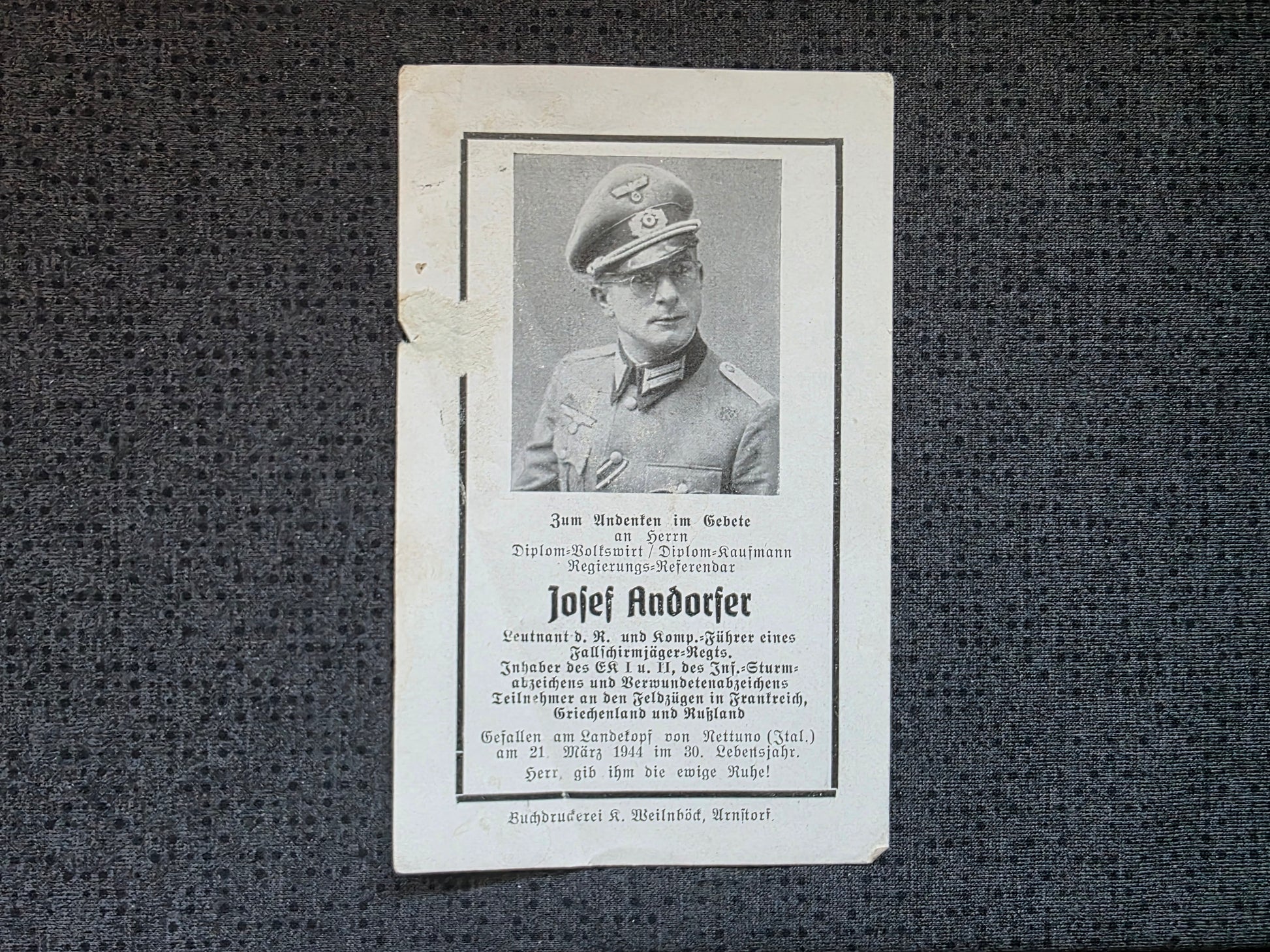 Sterbebild Leutnant Sonnen KP-Chef 4. Fallschirmjäger Division Landekopf Nettuno Italien - www.mmilitaria.com