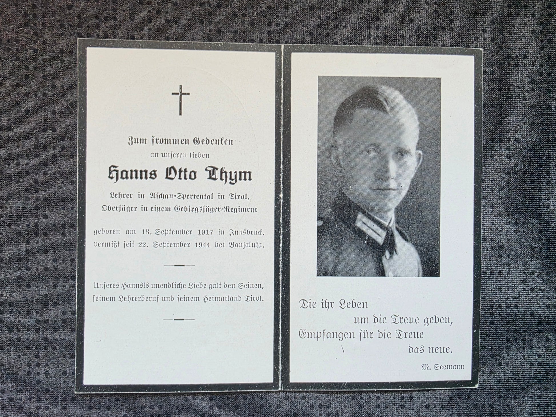 Sterbebild Oberjäger Innsbruck Gebirgsjäger Regt. Vermisst Banja Luka Bosnien-Herzegowina - www.mmilitaria.com