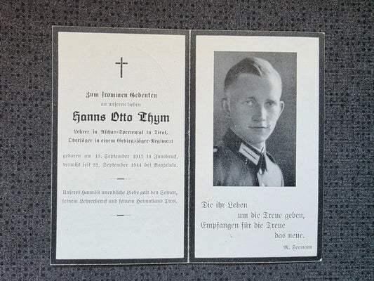 Sterbebild Oberjäger Innsbruck Gebirgsjäger Regt. Vermisst Banja Luka Bosnien-Herzegowina - www.mmilitaria.com
