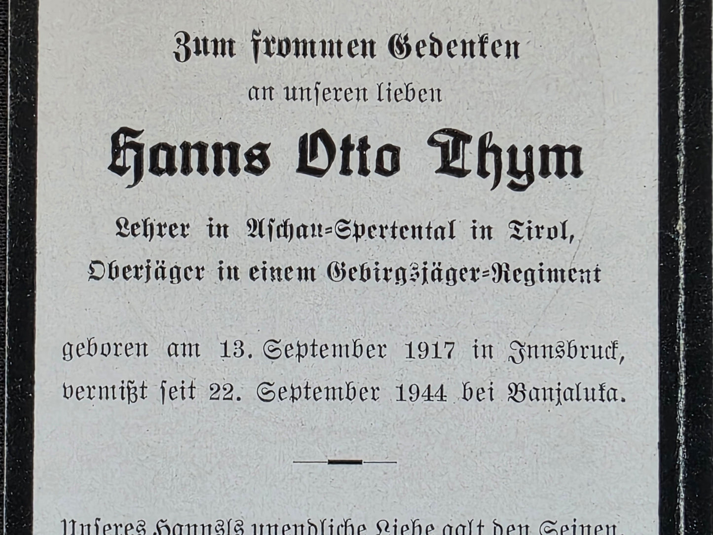 Sterbebild Oberjäger Innsbruck Gebirgsjäger Regt. Vermisst Banja Luka Bosnien-Herzegowina - www.mmilitaria.com
