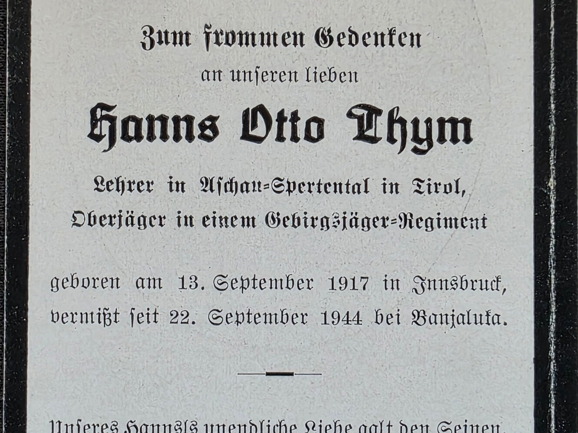 Sterbebild Oberjäger Innsbruck Gebirgsjäger Regt. Vermisst Banja Luka Bosnien-Herzegowina - www.mmilitaria.com