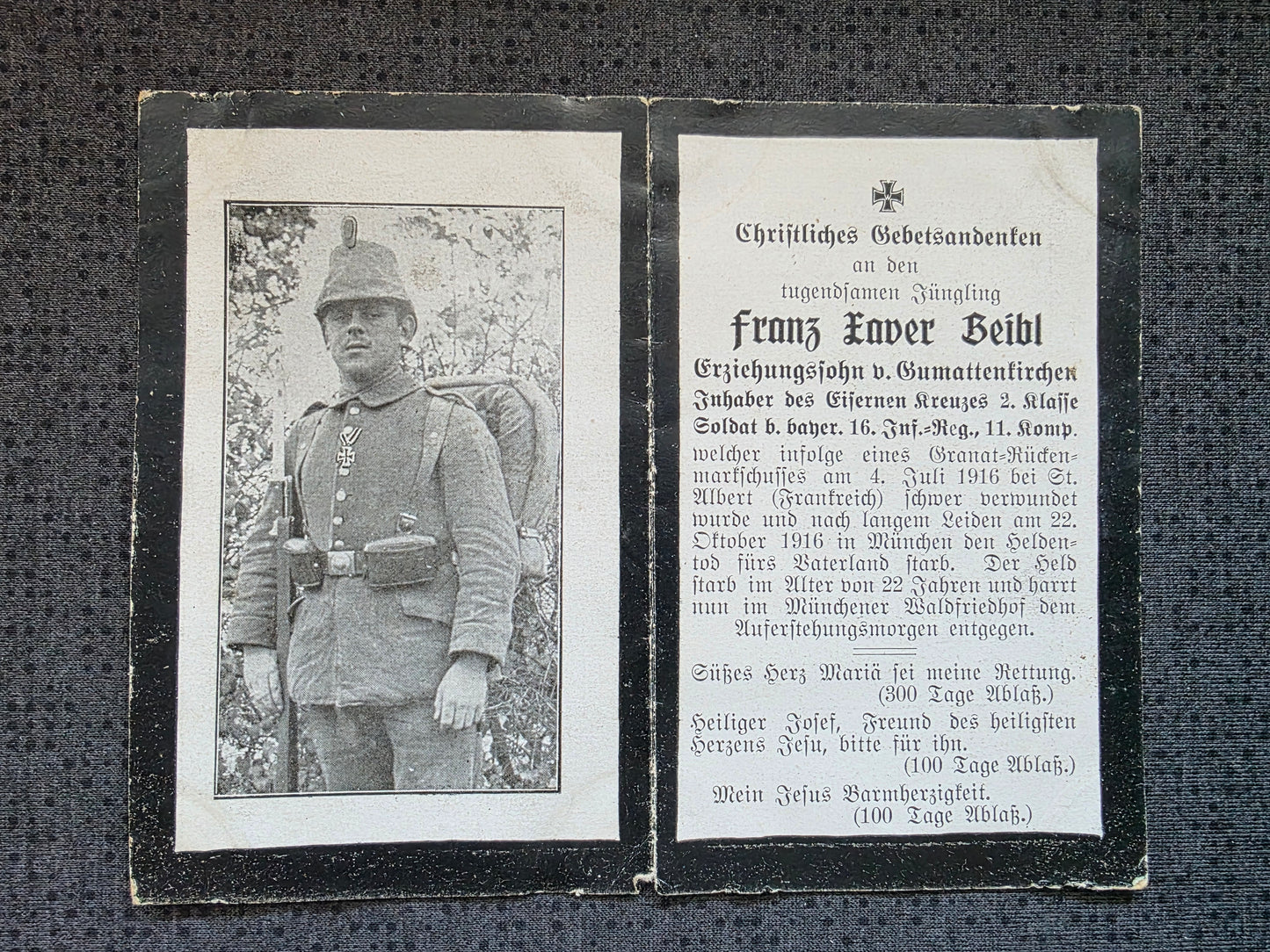 Sterbebild Infanterist Strass 11. Komp. Inf. Regt. 16 St. Albert Frankreich München - www.mmilitaria.com