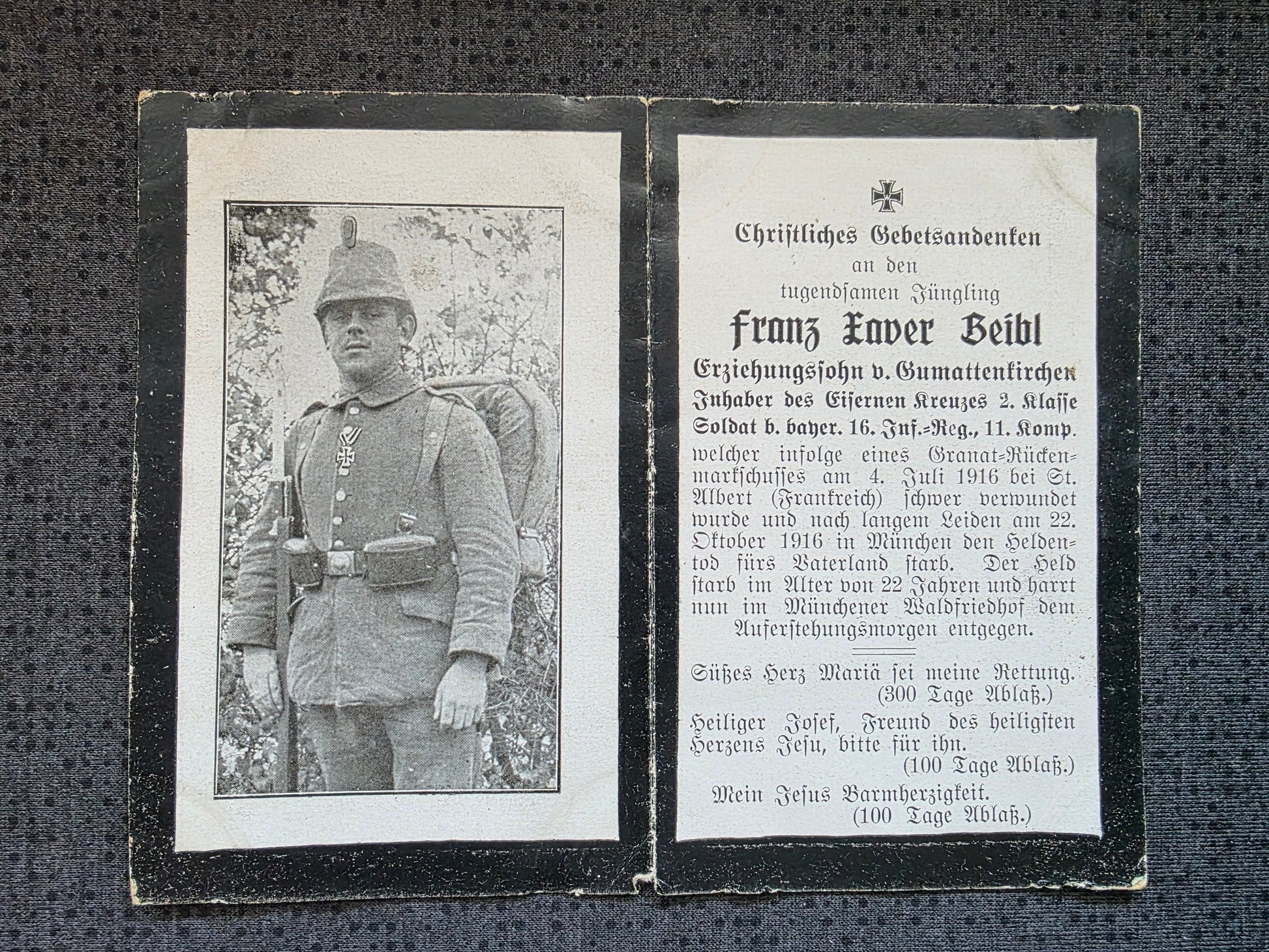 Sterbebild Infanterist Strass 11. Komp. Inf. Regt. 16 St. Albert Frankreich München - www.mmilitaria.com