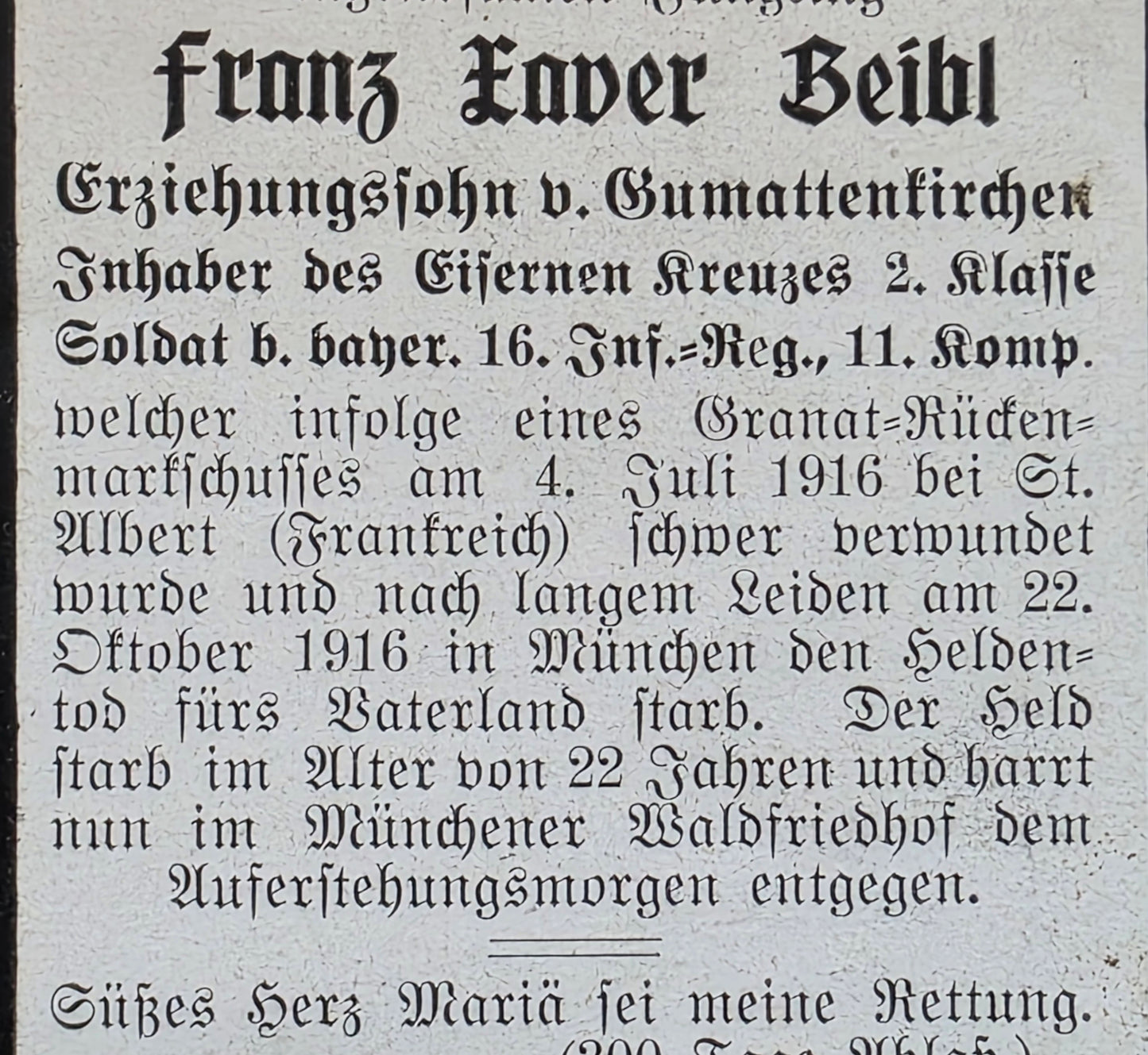 Sterbebild Infanterist Strass 11. Komp. Inf. Regt. 16 St. Albert Frankreich München - www.mmilitaria.com