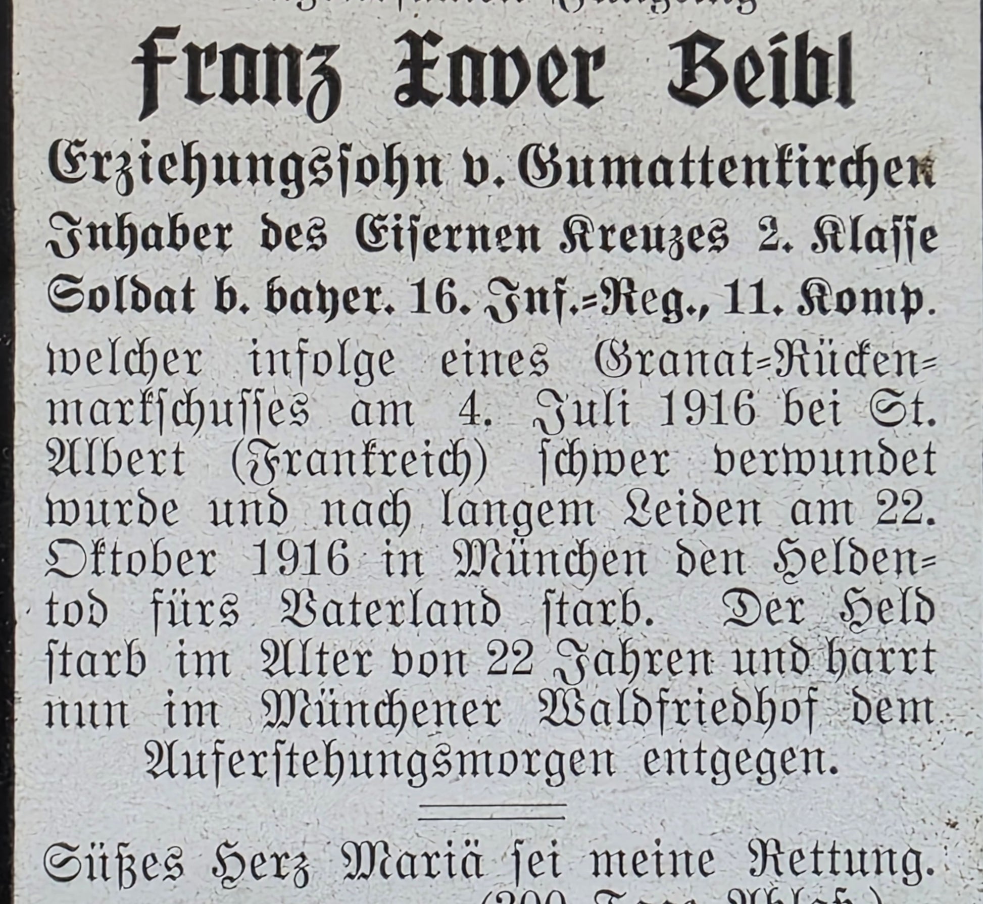 Sterbebild Infanterist Strass 11. Komp. Inf. Regt. 16 St. Albert Frankreich München - www.mmilitaria.com