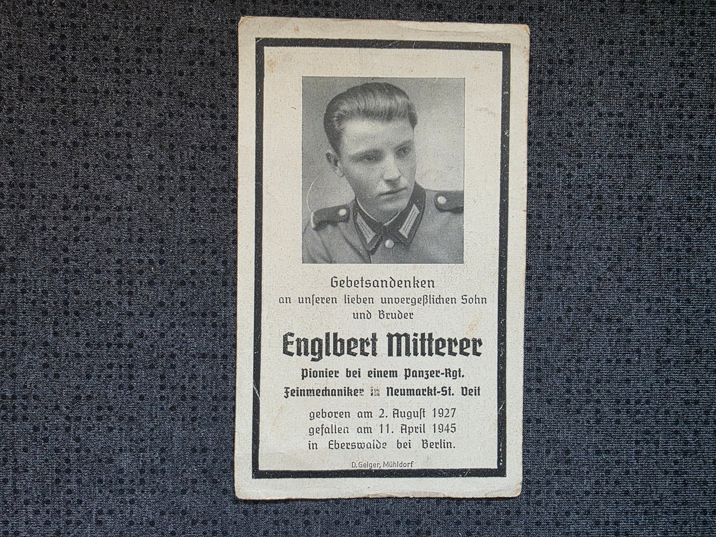 Sterbebild Pionier Neumarkt Panzer Regt Endkampf Eberswalde Berlin - www.mmilitaria.com