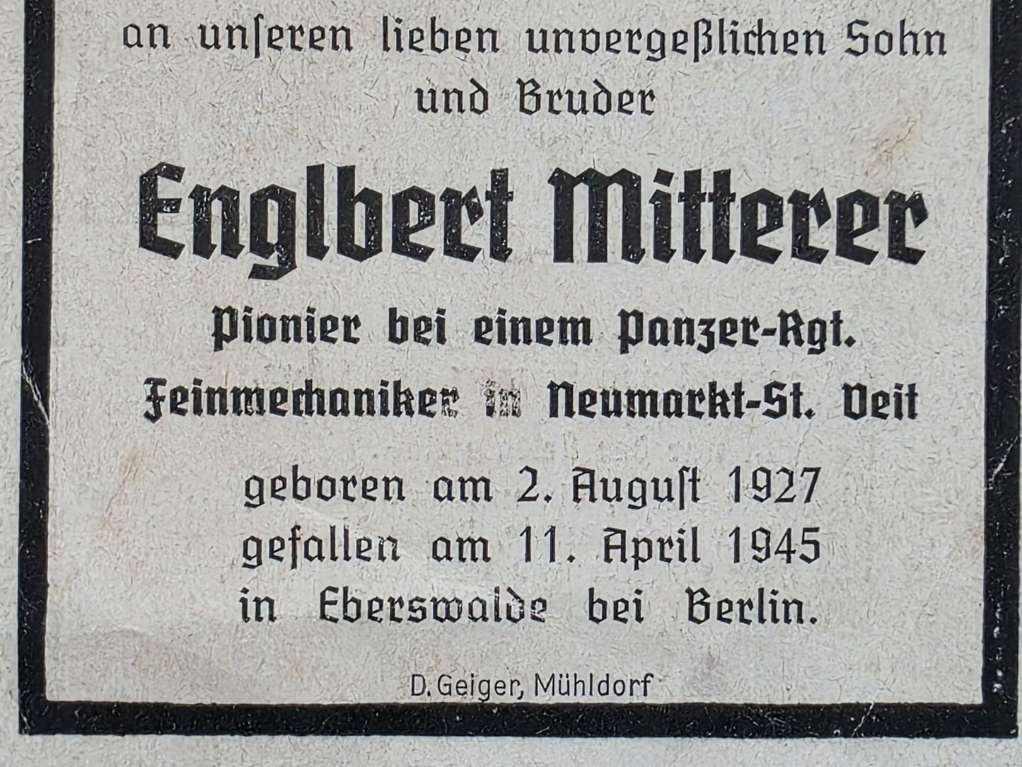 Sterbebild Pionier Neumarkt Panzer Regt Endkampf Eberswalde Berlin - www.mmilitaria.com