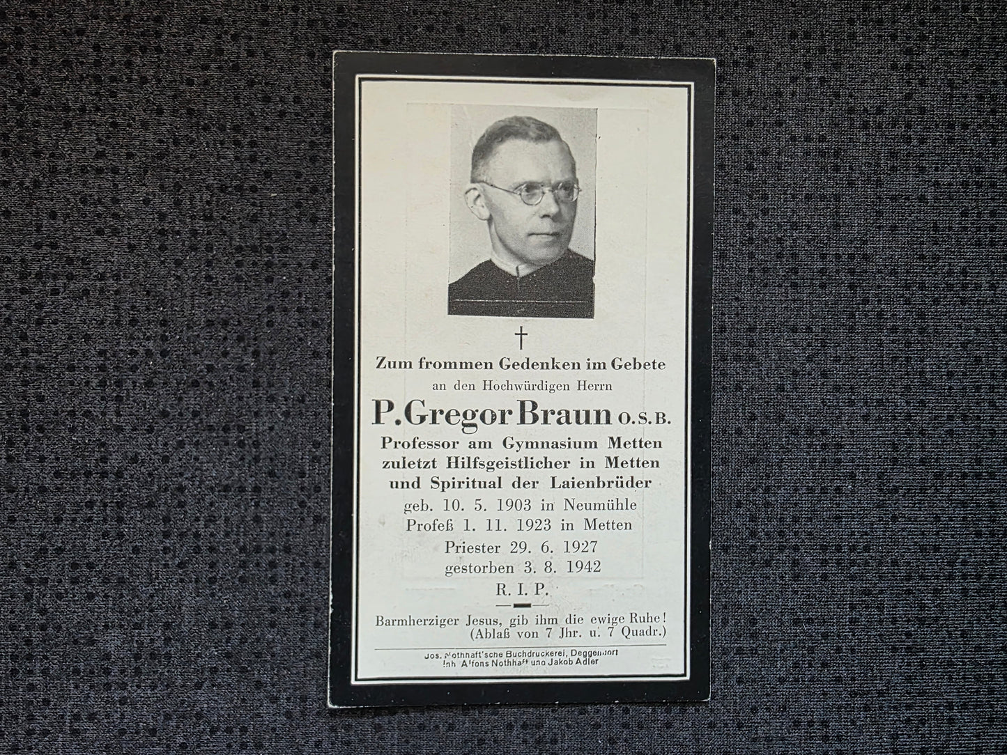 Sterbebild Zivil Neumühle zum Priester geweiht in Metten Gestorben 1942 - www.mmilitaria.com