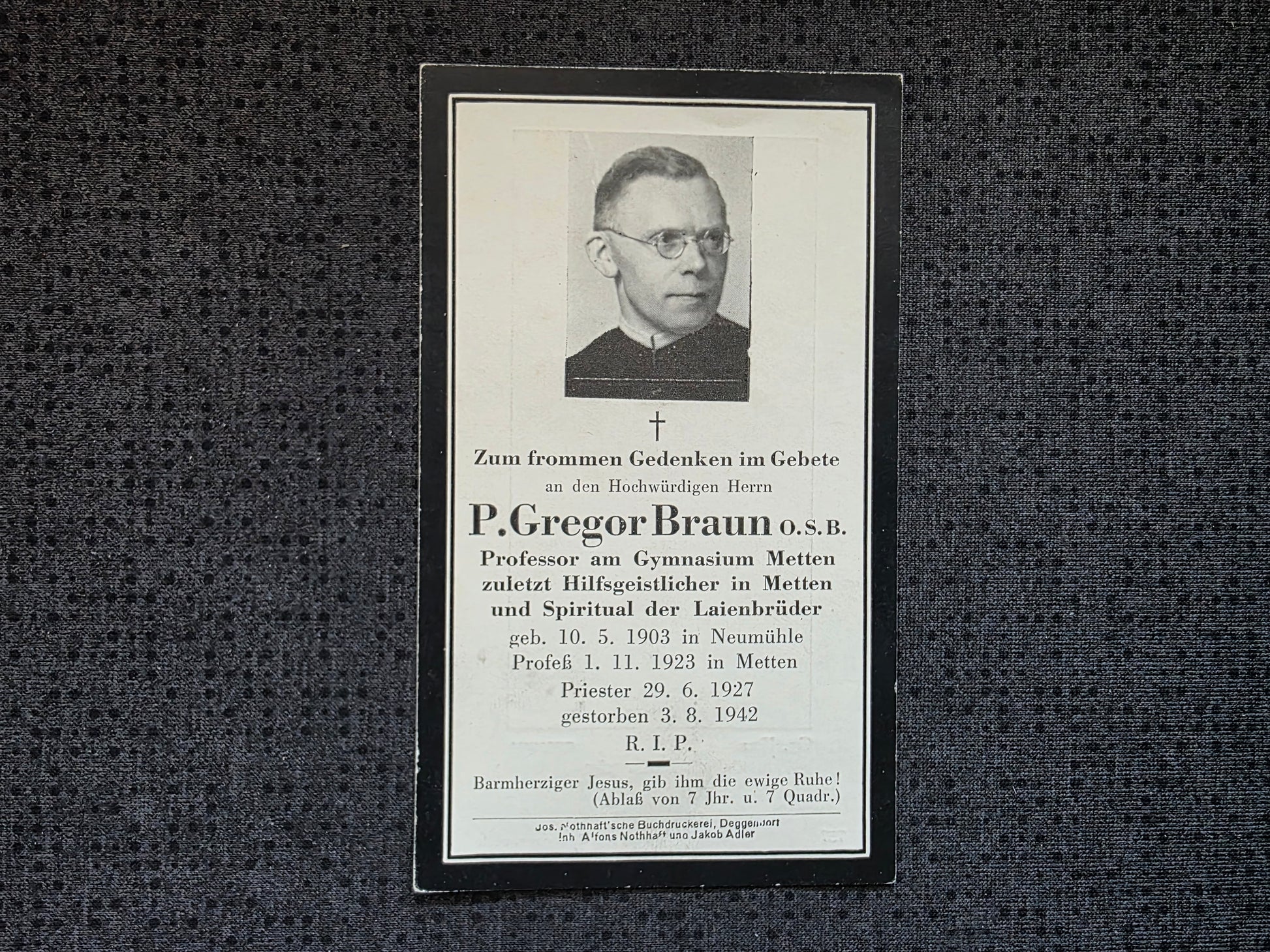 Sterbebild Zivil Neumühle zum Priester geweiht in Metten Gestorben 1942 - www.mmilitaria.com