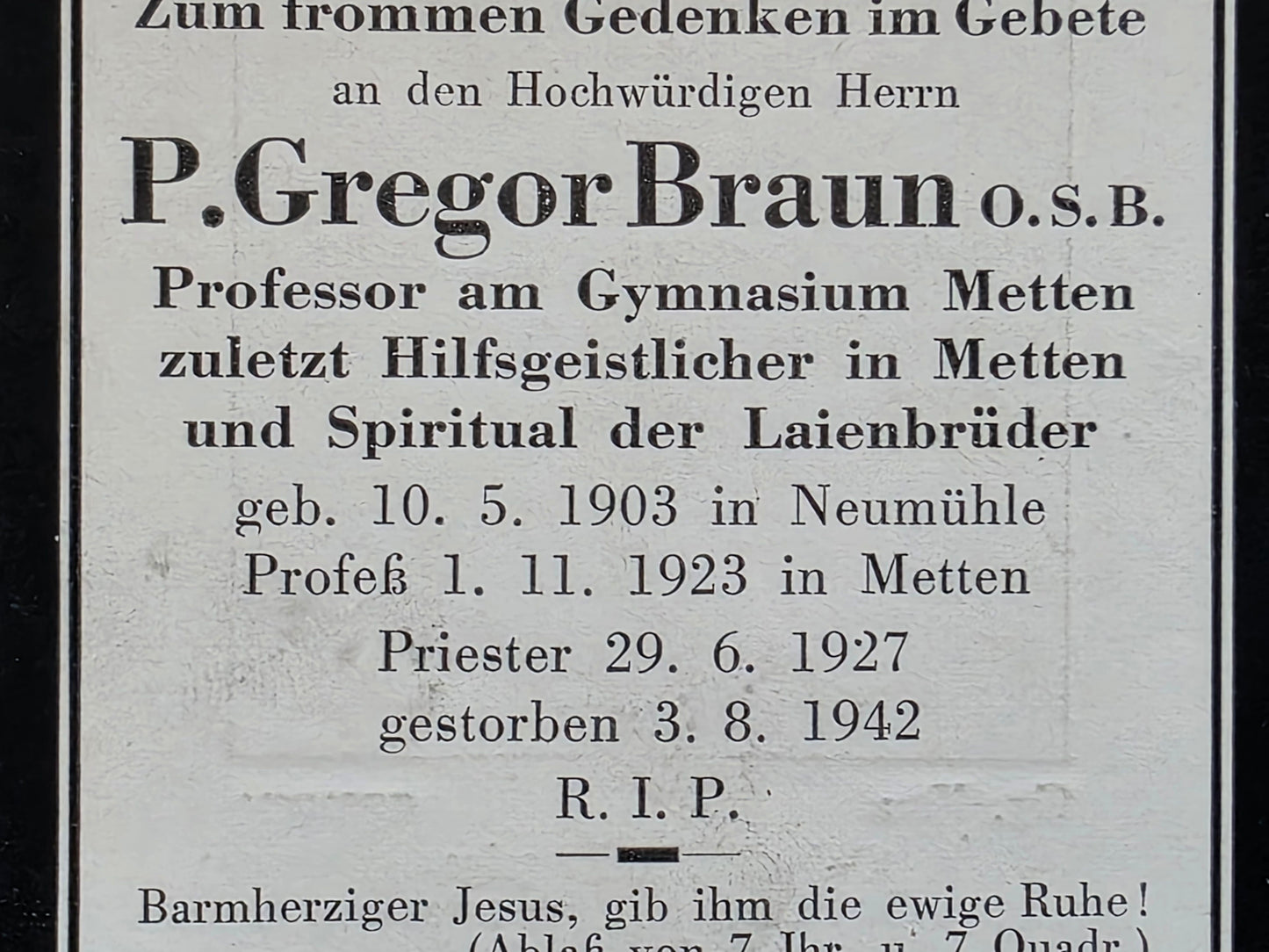 Sterbebild Zivil Neumühle zum Priester geweiht in Metten Gestorben 1942 - www.mmilitaria.com