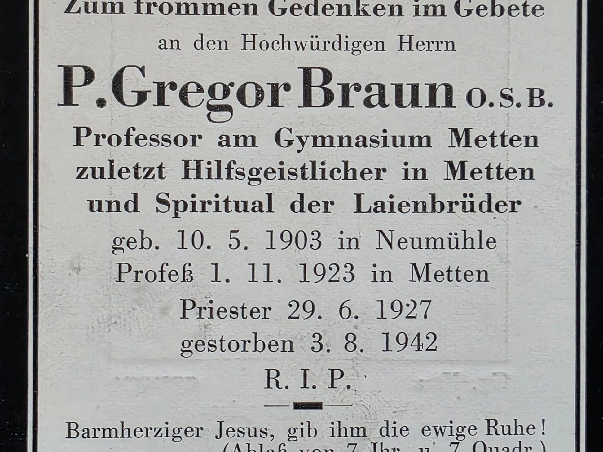 Sterbebild Zivil Neumühle zum Priester geweiht in Metten Gestorben 1942 - www.mmilitaria.com