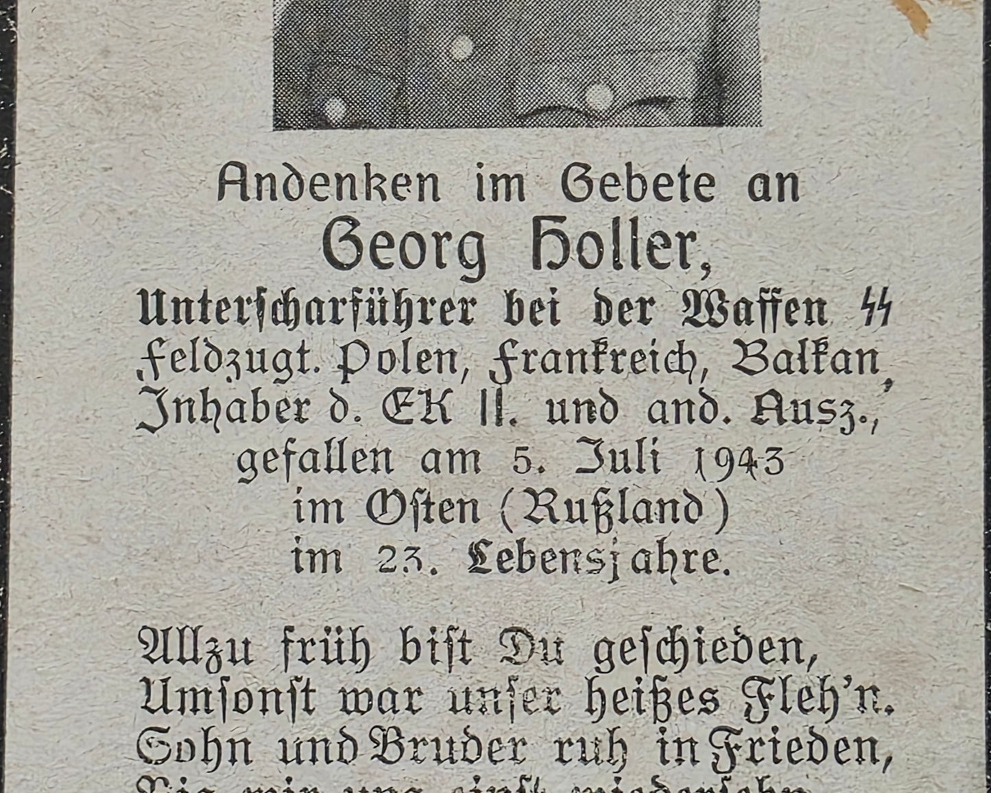 Sterbebild SS-Unterscharführer Wolfsbach Waffen-SS Pytowka Russland
