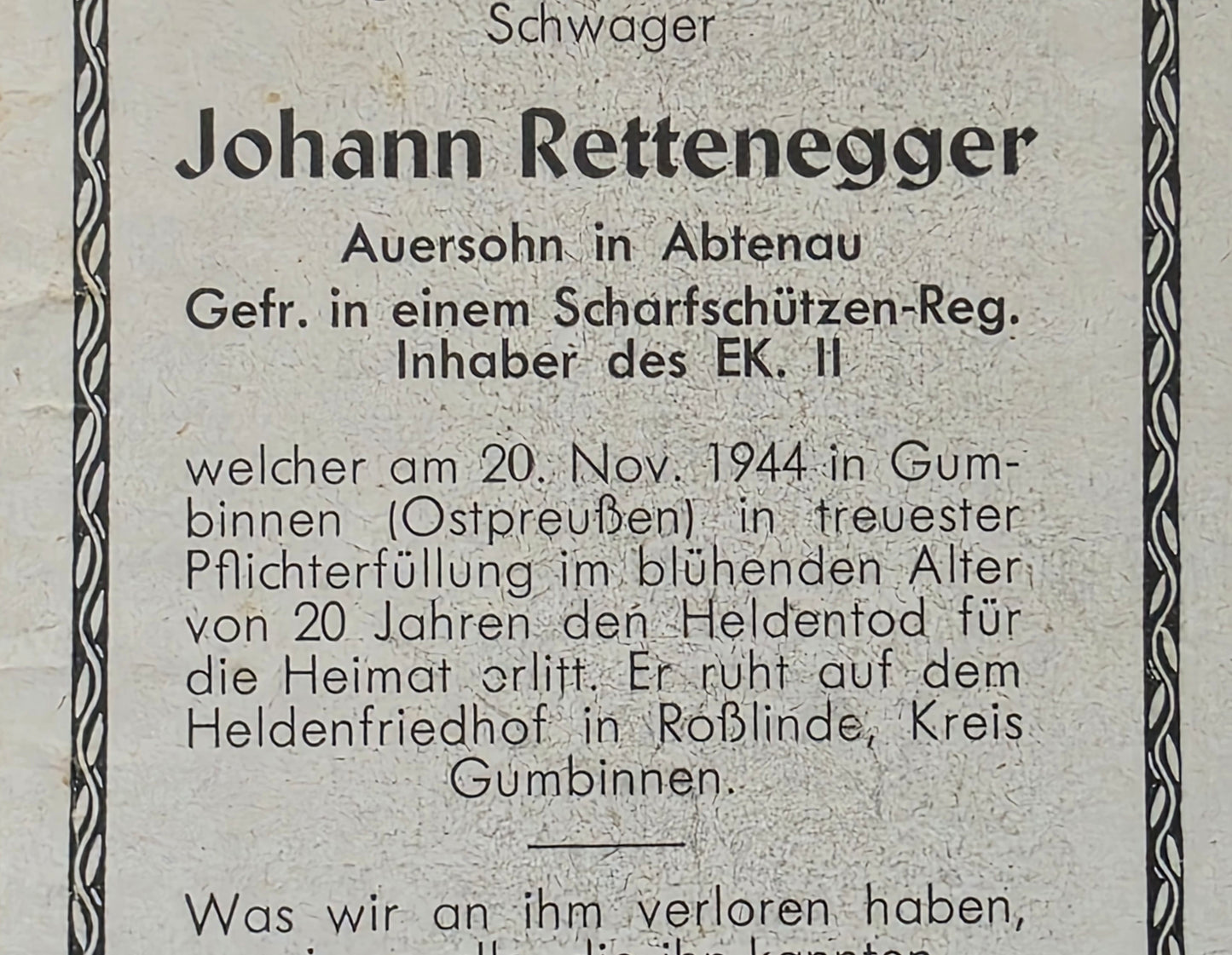 Sterbebild Gefreiter Abtenau Scharfschütze 5. Gren. Regt. 151 Rominter Heide Gumbinnen Ostpreußen