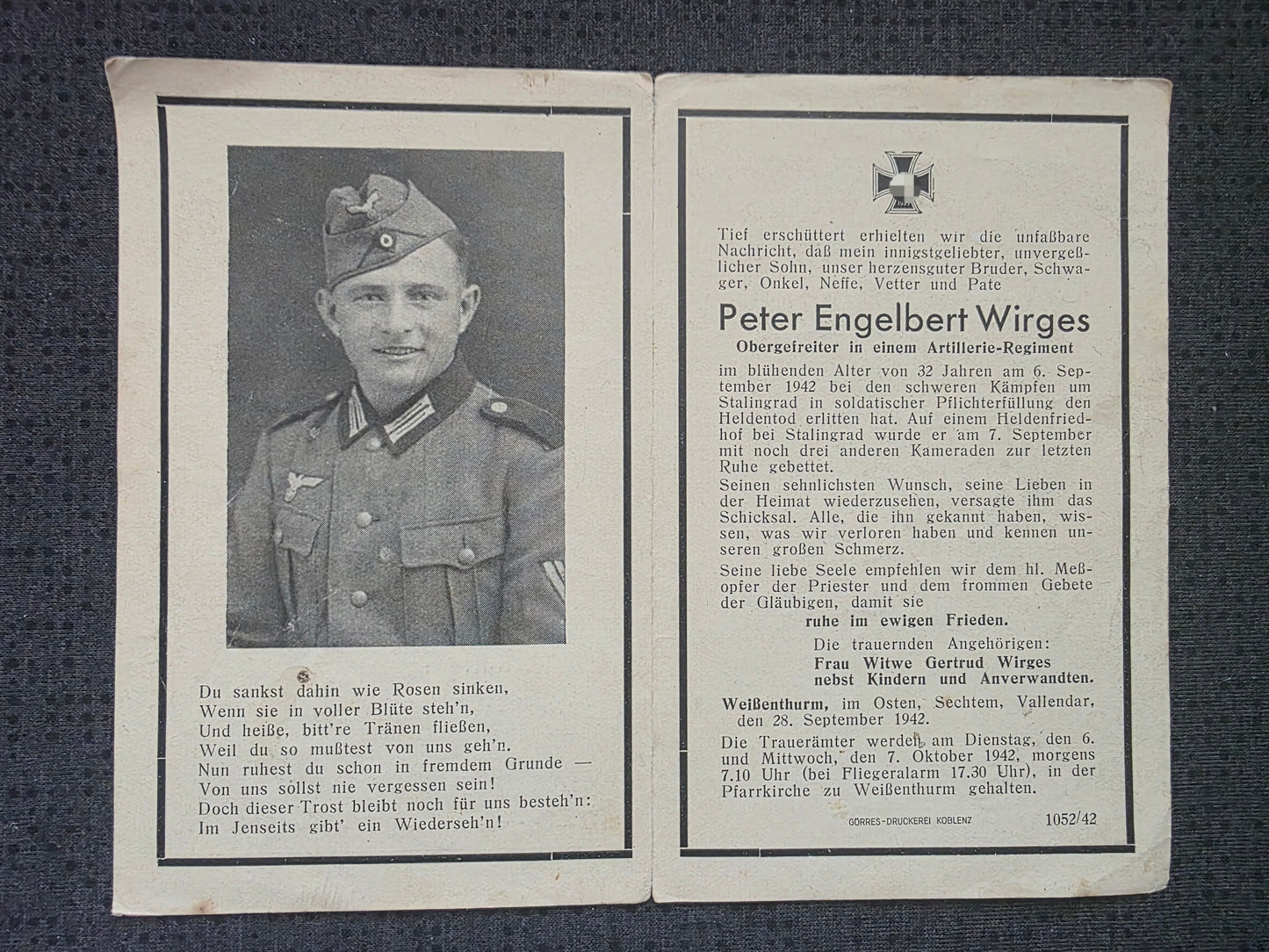 Sterbebild Obergefreiter Weissenthurm 2. Batterie Abt. (Mot) 733 Stalingrad Russland
