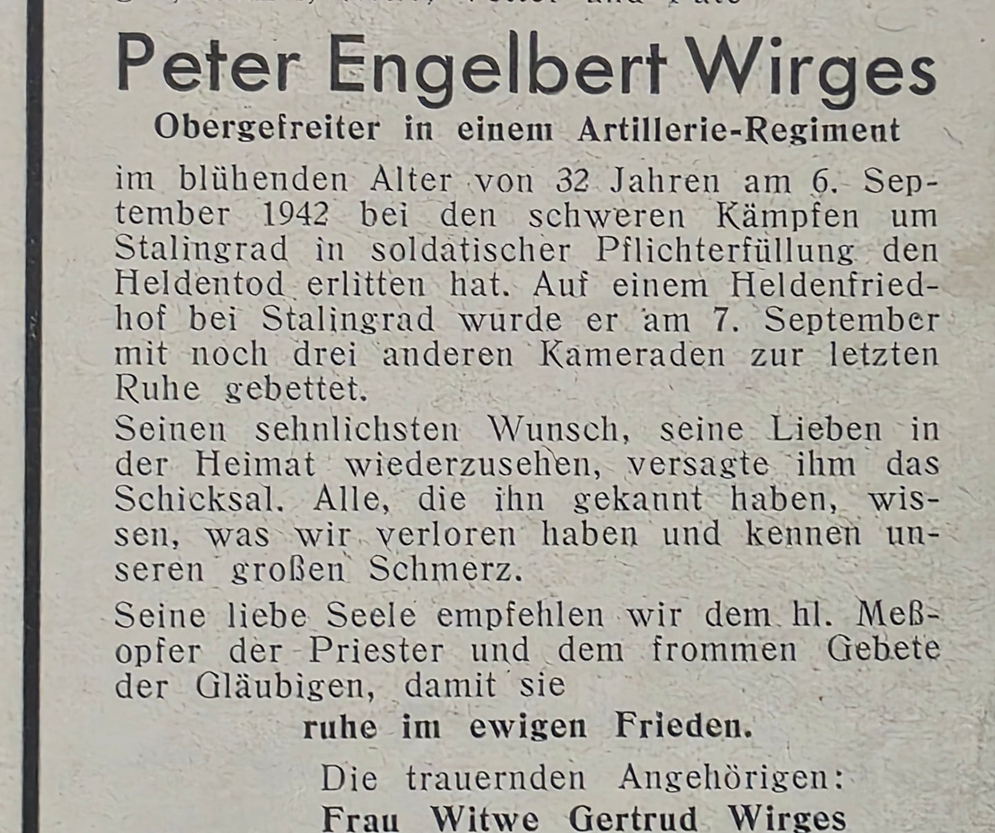 Sterbebild Obergefreiter Weissenthurm 2. Batterie Abt. (Mot) 733 Stalingrad Russland