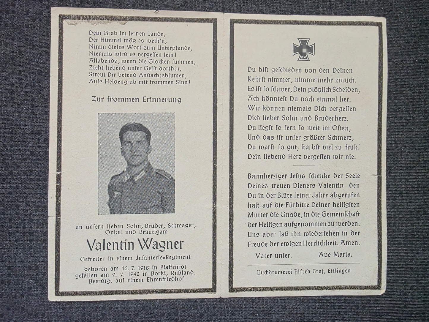 Sterbebild Gefreiter Pfaffenrot 6. Komp. Inf. Regt. 158 Borki Russland