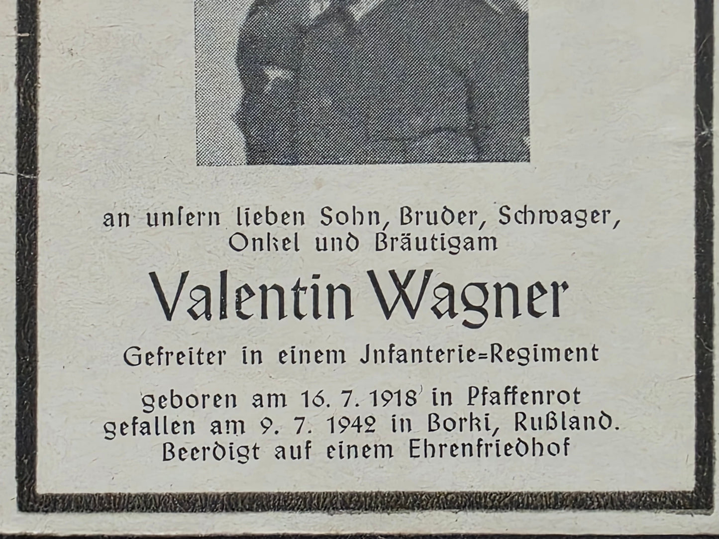 Sterbebild Gefreiter Pfaffenrot 6. Komp. Inf. Regt. 158 Borki Russland